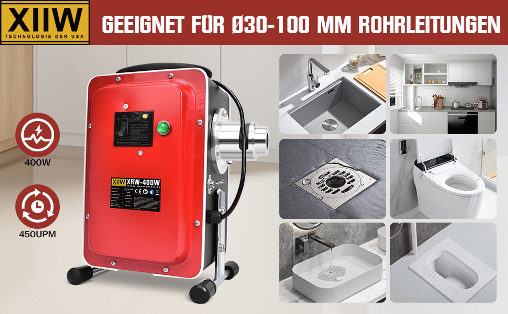 400W 450U/min Elektrische Rohrreinigungsmaschine mit FI-Schalter für Ø30-100mm Rohrleitungen Rohrreiniger Abflussreiniger, Sspirale Ø10mm Ø16mm