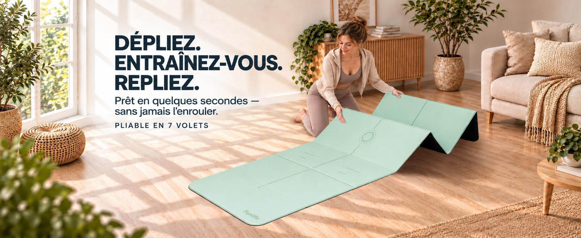 FunLife, tapis de yoga pliable XXL, 190 x 66 cm – épaisseur de 10 mm, tapis de fitness et de gymnastique antidérapant pour le yoga, le Pilates, les exercices à domicile et les activités en extérieur