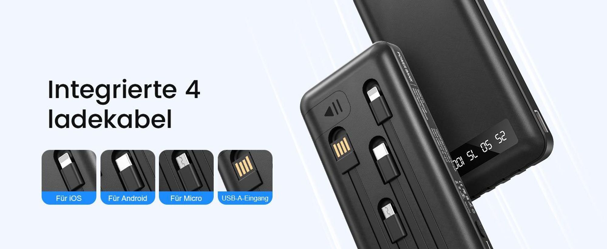 Powerbank, Tragbares Ladegerät, Externes Ladegerät, 20.000 mAh, 22,5W Schnellladegerät, mit 4 integriertem Kabel