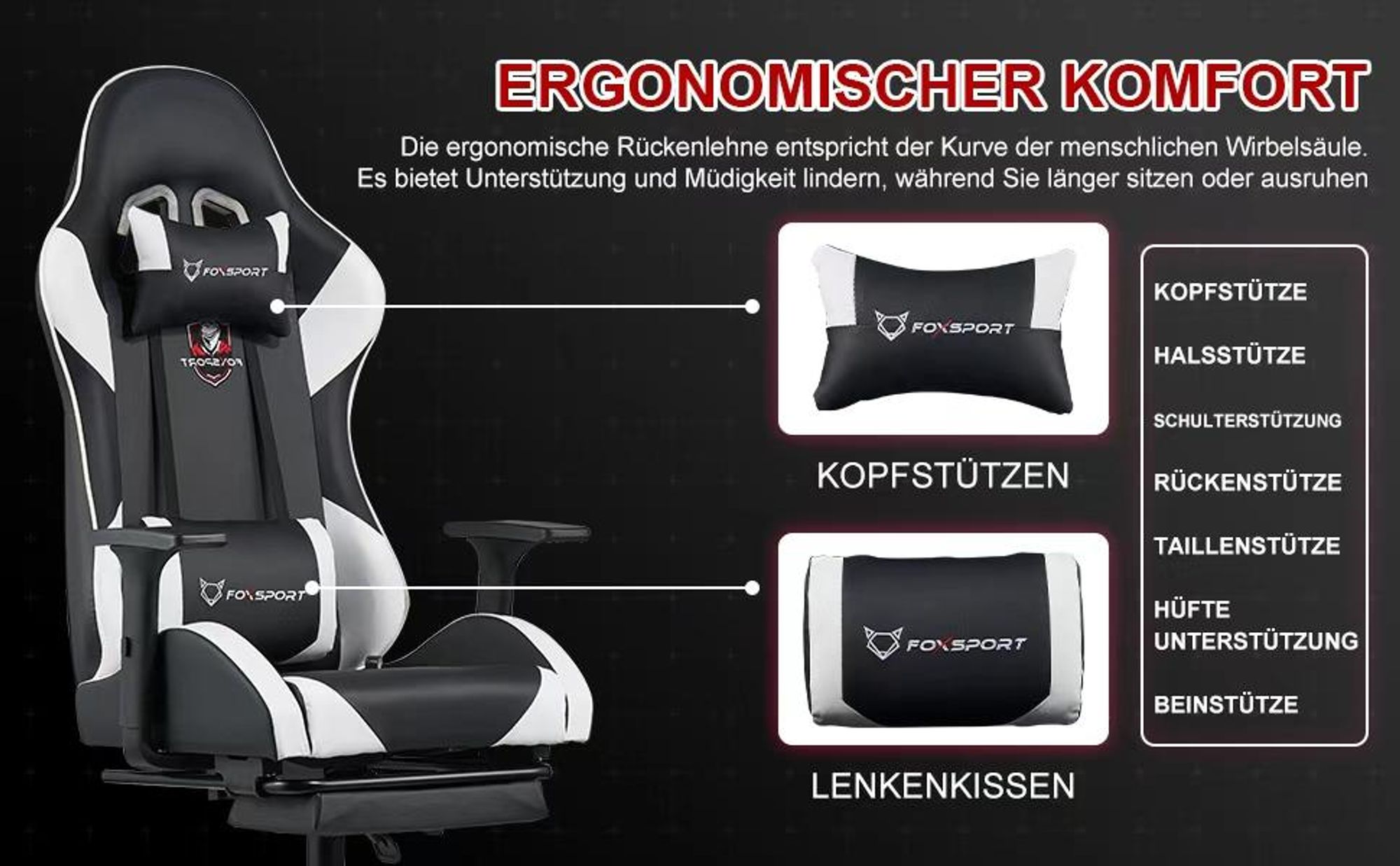 FOXSPORT Gaming Stuhl Bürostuhl Ergonomisch mit einklappbarer Fußstütze+Lendenkissen+ Kopfstütze+flexiblen Armlehnen Computerstuhl bis 150kg Schwarz