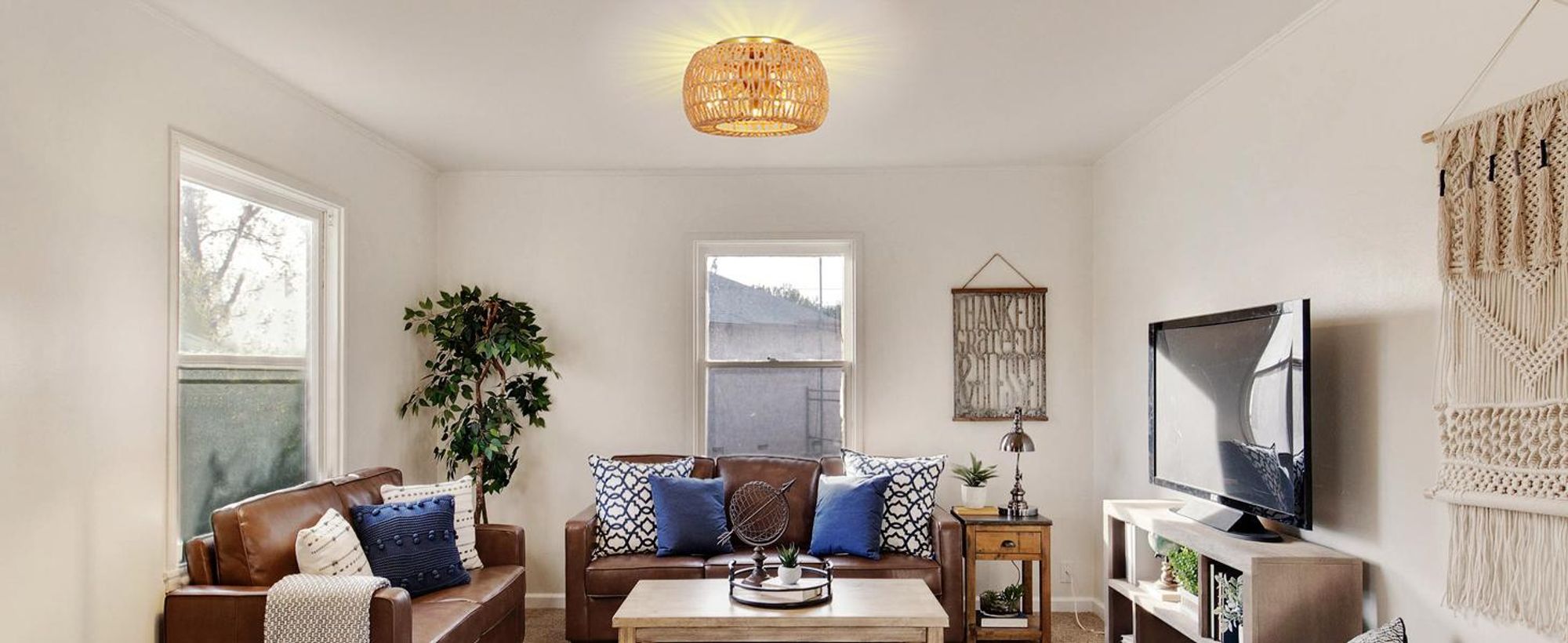 Deckenlampe Boho Vintage Deckenleuchte E27 3-Flammige Pendelleuchte mit Rattan Lampenschirm für Wohnzimmer, Schlafzimmer, Küche, Flur