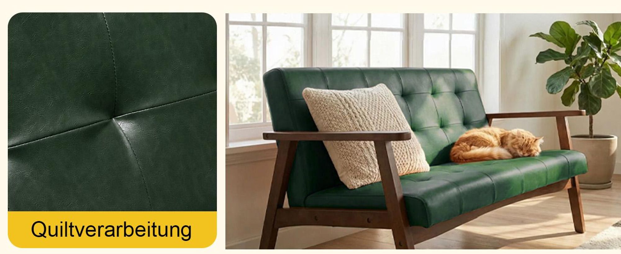 2-Sitzer skandinavisches Sofa aus Kunstleder, mit Armlehnen, Massivholzrahmen, für Wohnzimmer/Schlafzimmer/Büro, Traglast 240 kg, 124×74×75 cm, Dunkel