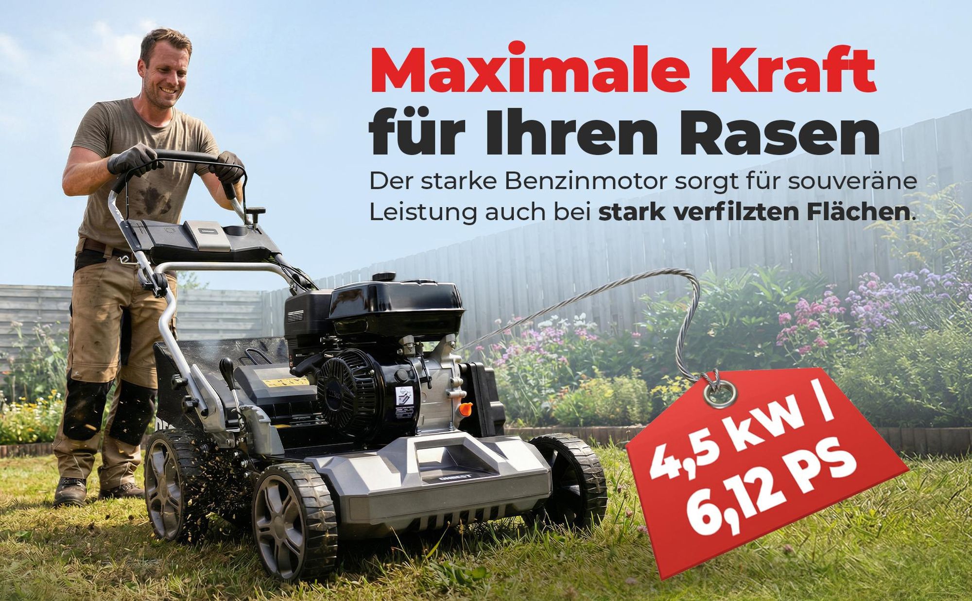 Vertikutierer Benzin ONBEST S4544 | 2in1 Rasenlüfter | 44 cm Arbeitsbreite | 4,5 kW / 6,12 PS | 45 L Fangkorb