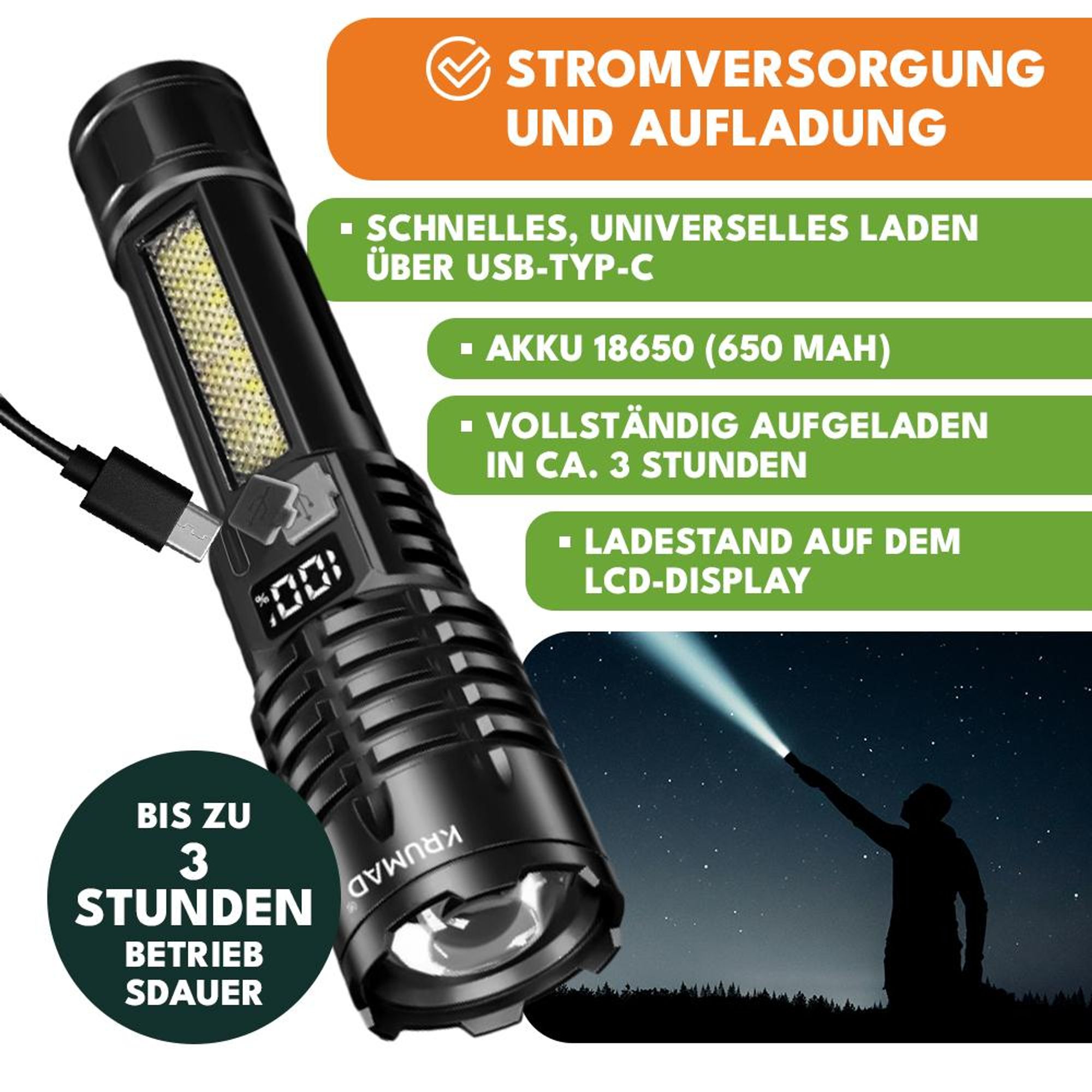 KRUMAD LED Taschenlampe Aufladbar – starke Handlampe mit COB-Seitenlicht, 5 Modi & Akkuanzeige – USB-C Taschenlampe wasserdicht für Camping & Notfälle