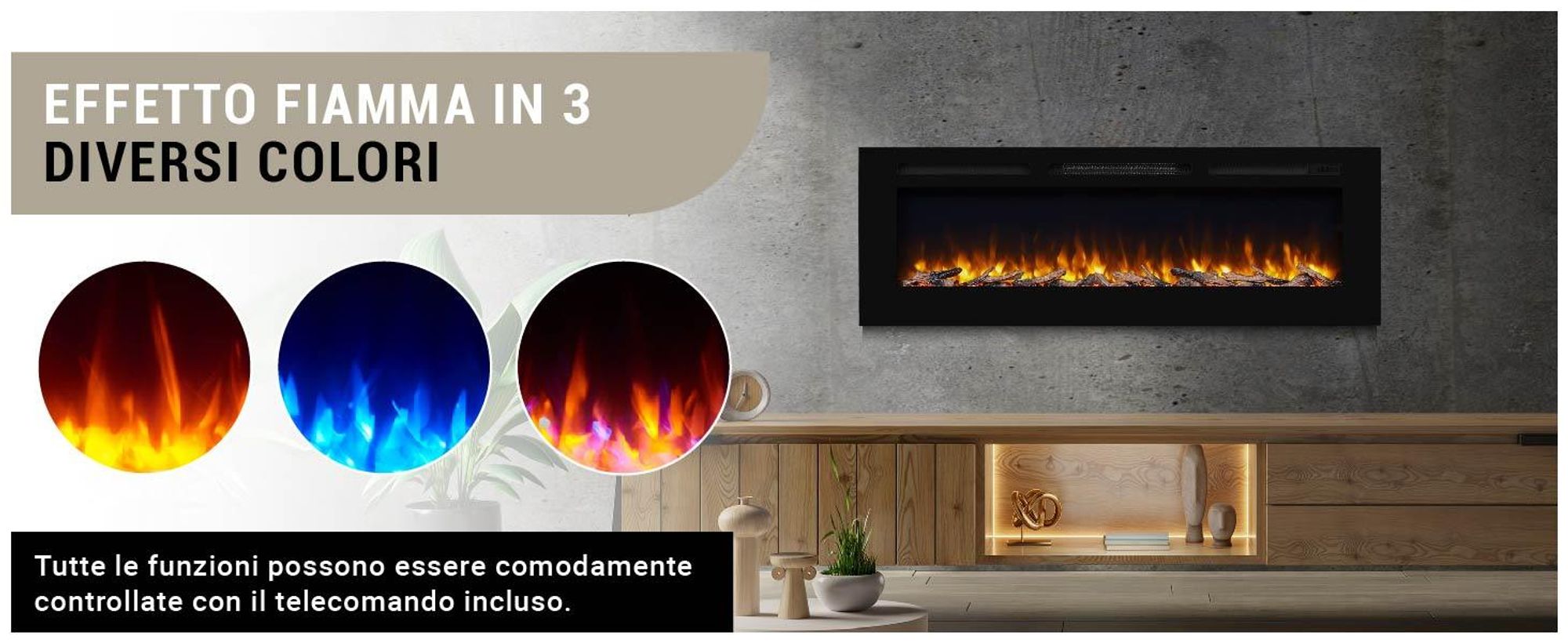 Camino elettrico BALDERIA Fiamma 60 - Camino da incasso - Nero