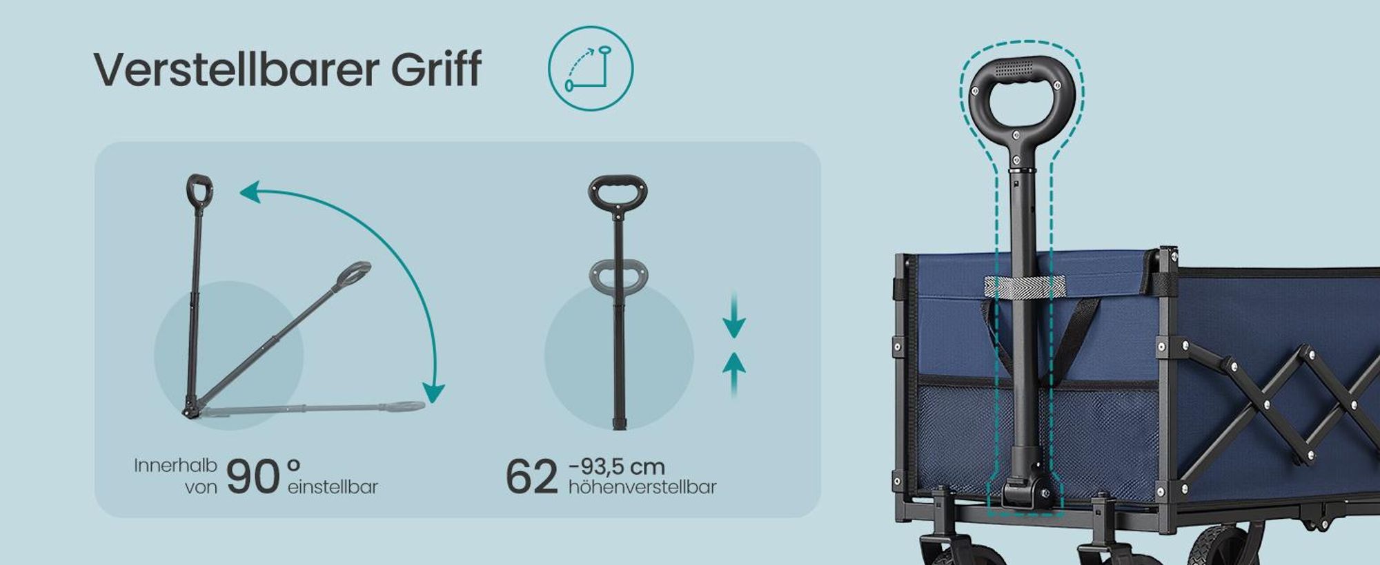 Faltbarer Bollerwagen, Transportwagen mit Griff, 4 verstärkte Rollen, 90 L, Outdoor, bis 180 kg, Garten, dunkelblau