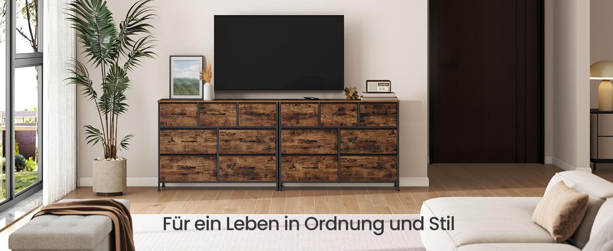 SONGMICS Kommode, Schrank, 7 Stoffschubladen, für Schlafzimmer, Flur, Wohnzimmer, braun-schwarz