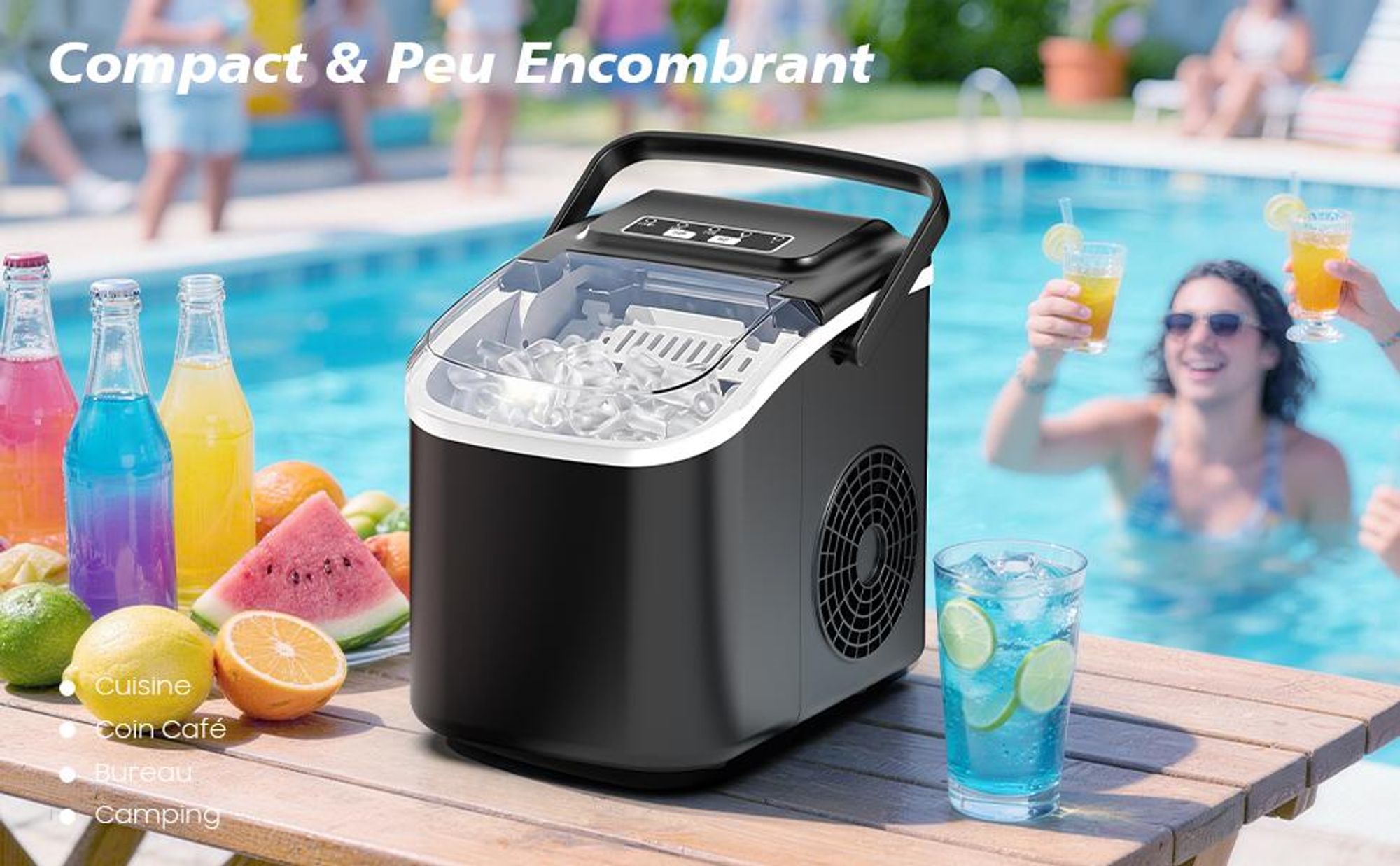 Machine à glaçons 12kg/24h, 8 glaçons/6-13min, 2 tailles, auto-nettoyage, LED