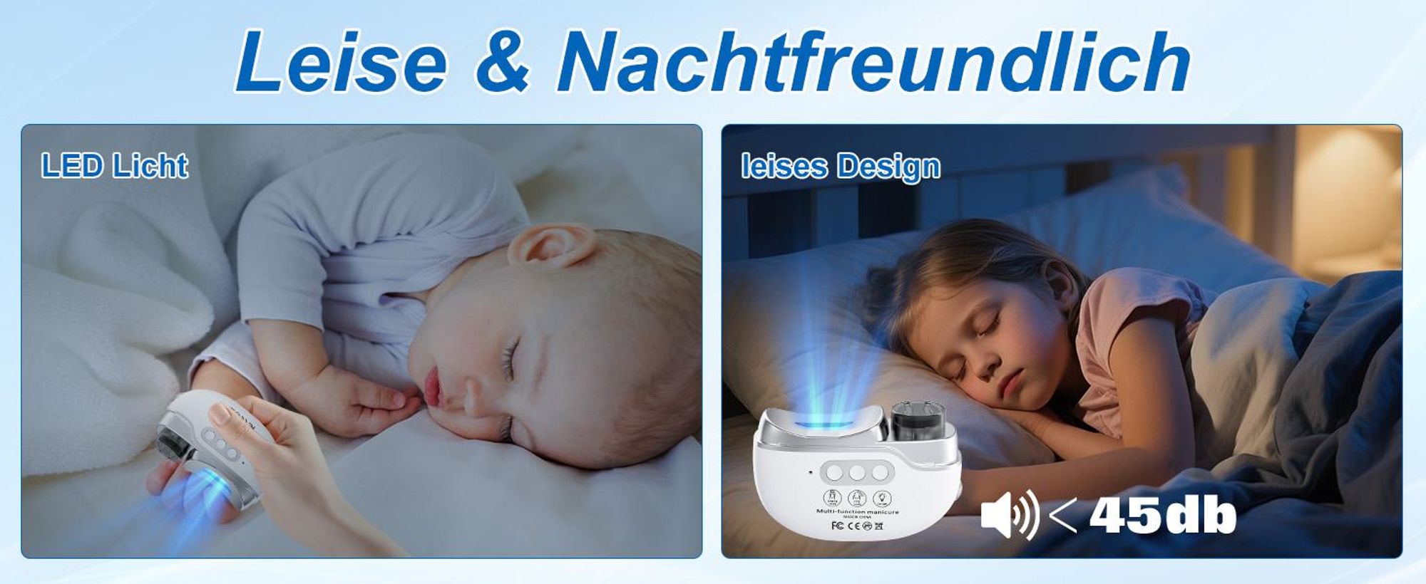 Elektrischer Nagelknipser, Elektrischer Nagelschneider, automatische Nagelfeile, Nageltrimmer mit Nagellampe, 3 Stufen, leise & wiederaufladbar