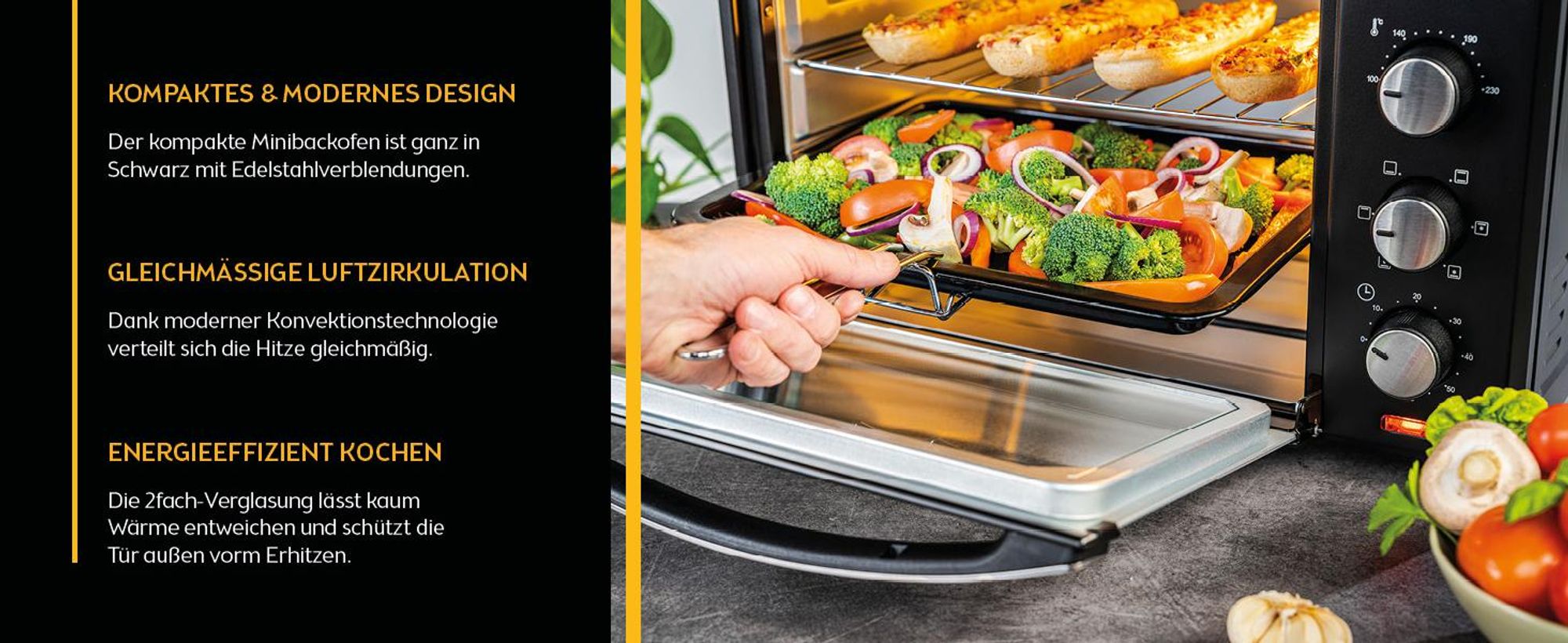 TZS First Austria - Minibackofen 30L 1600W - Mini Backofen stufenlose Temperaturregelung bis 230°C - Miniofen 60 Min. Timer, 3 Einschubhöhen, Backblech & Grillrost - Für kleine Küchen & Camping