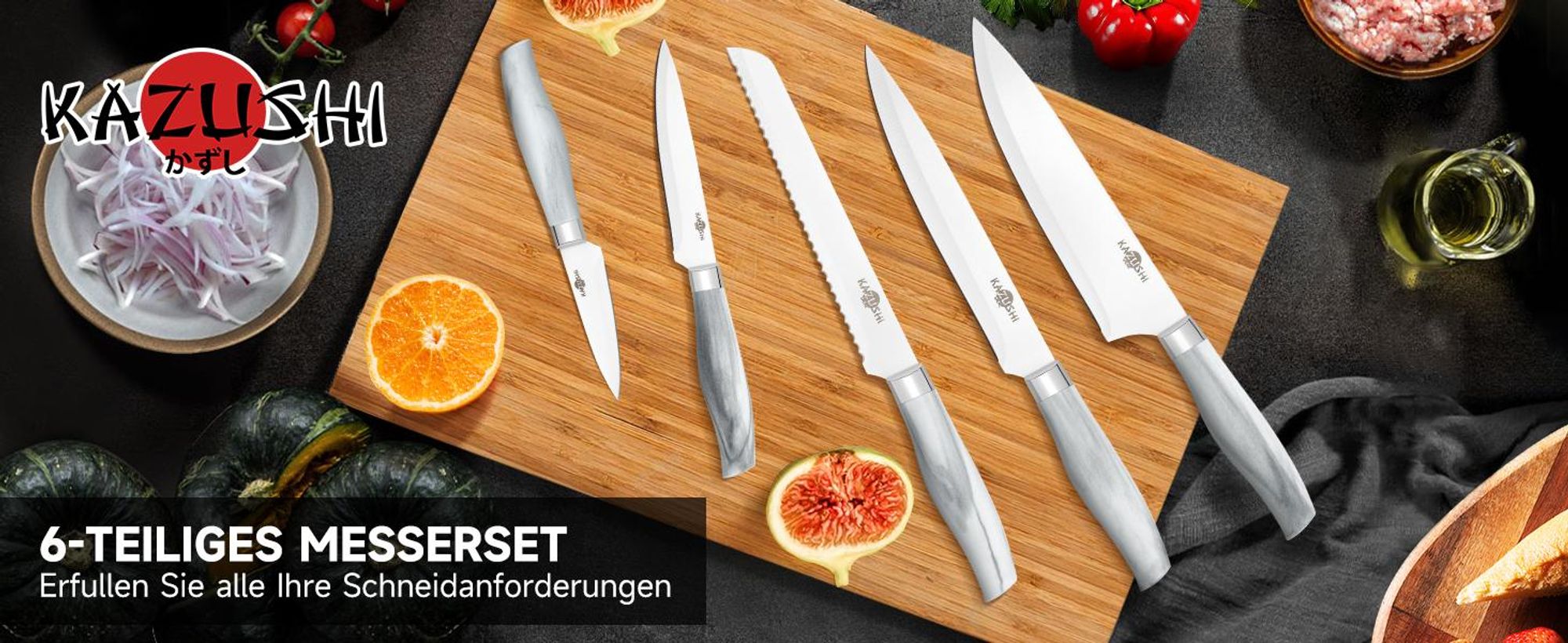 KAZUSHI Messerblock mit Messer 6-teilig, Weiß Scharfe Küchenmesser, Profi Messerset mit Block, Edelstahl Messer Set (KA-KN64)
