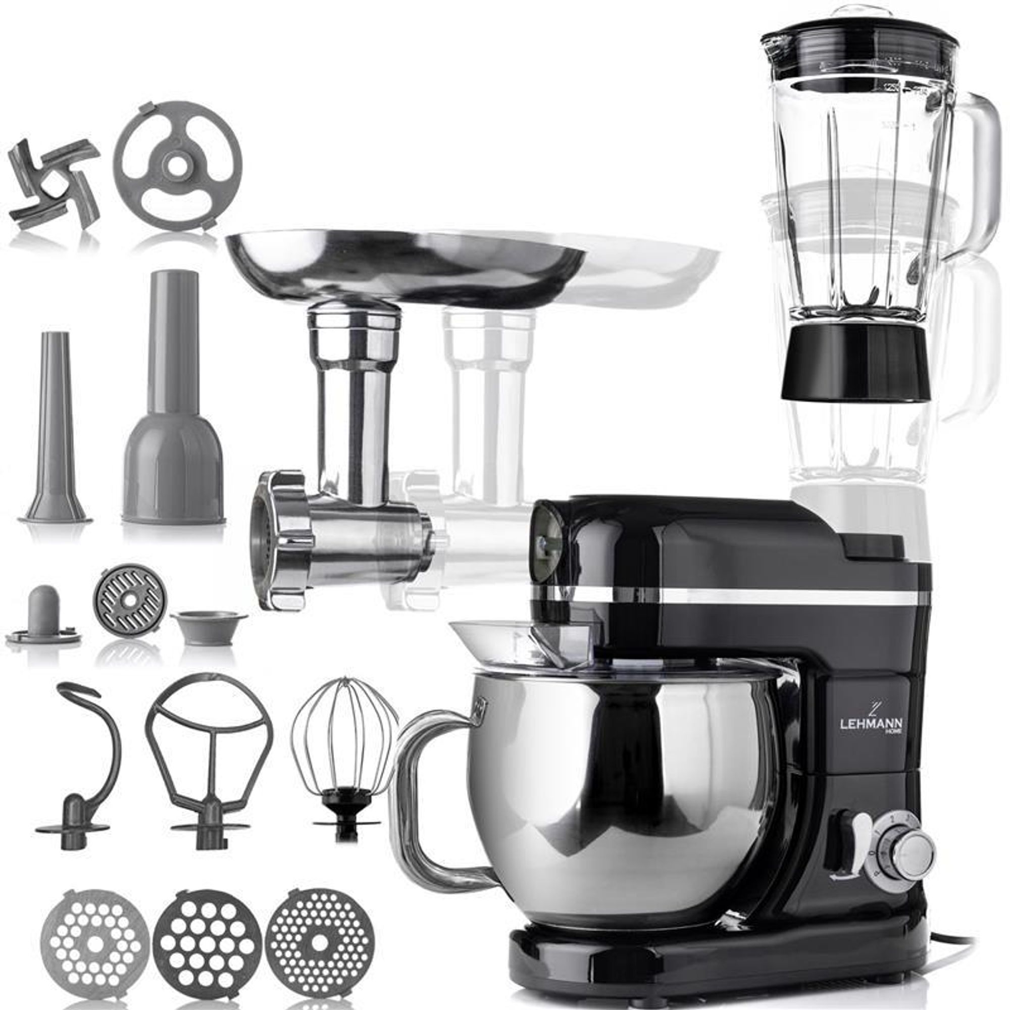 Robot planetarny kuchenny LEHMANN MASTIC, maszynka do mięsa, mikser, blender kielichowy 3w1, 1300 W, 6 prędkości, misa 5 l, 550x415x215, 7 kg, czarny
