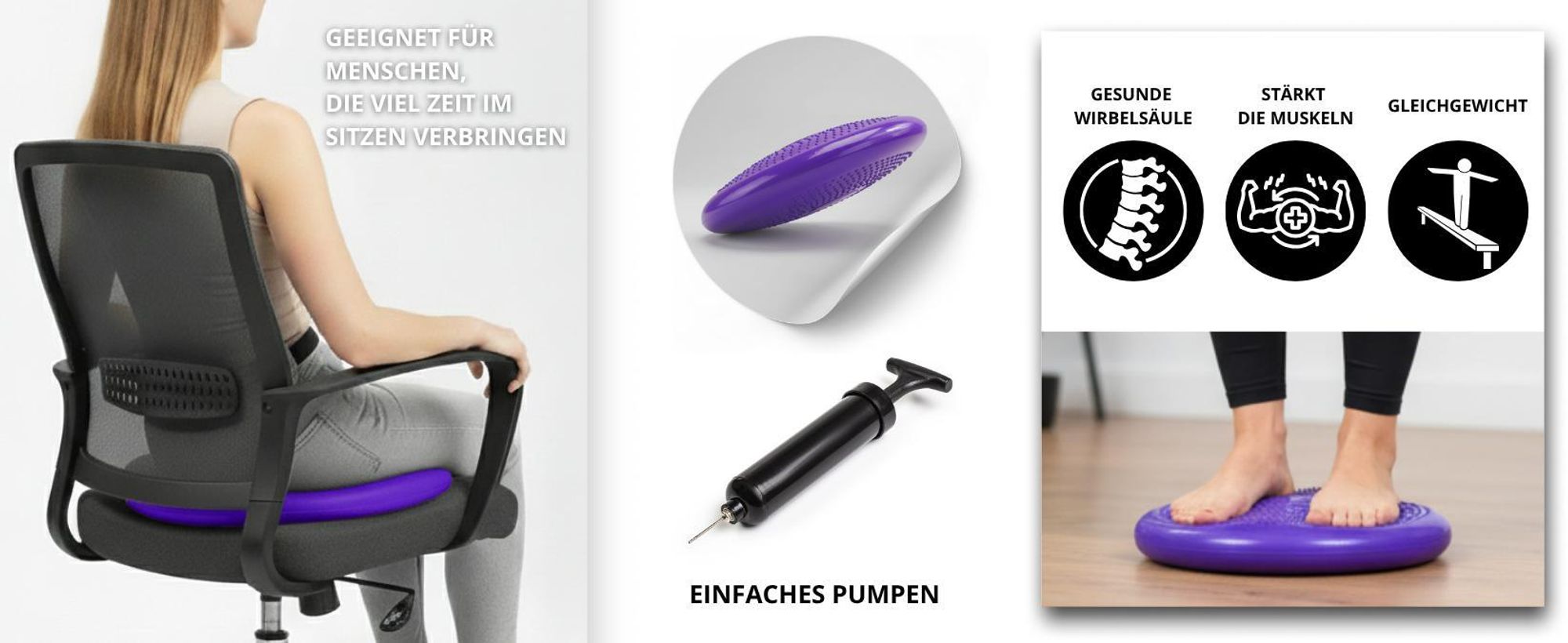 Sensomotorisches Kissen 34 cm Rücken Training gleichgewichtskissen + Pumpe Violett