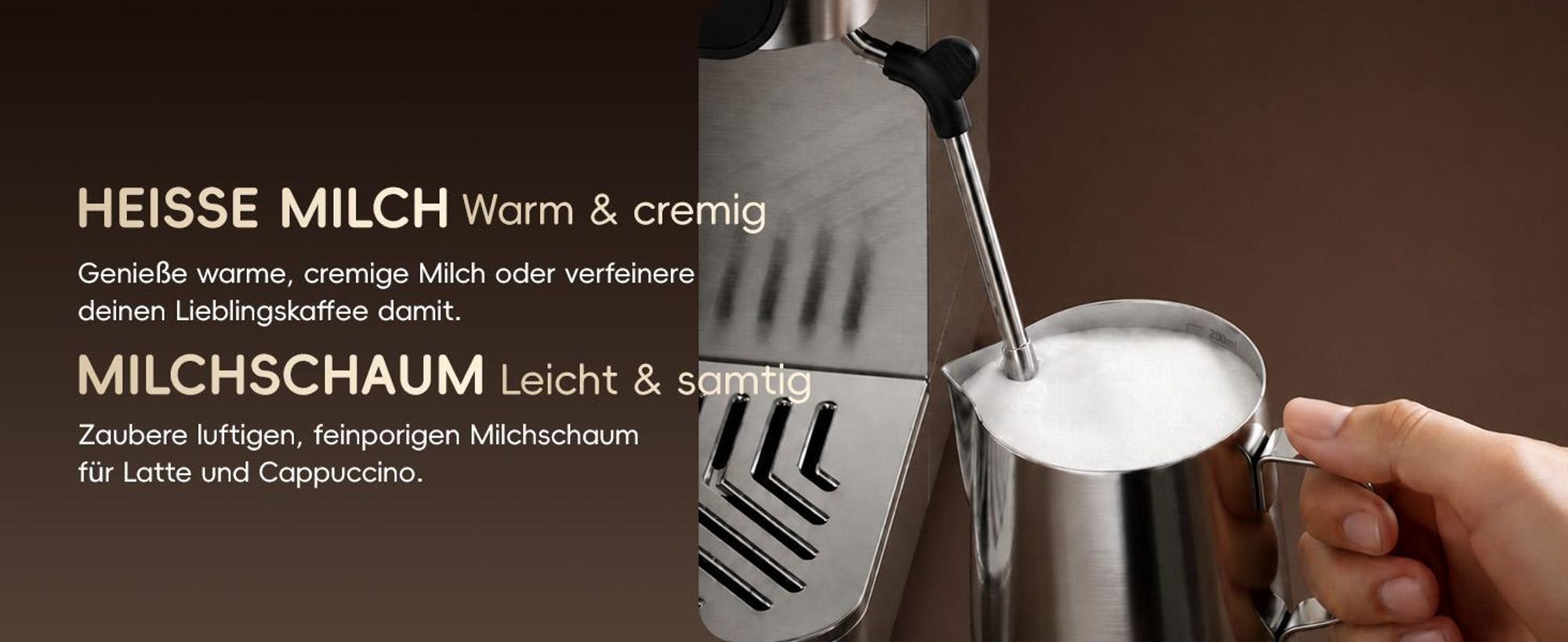 ecozy Espressomaschine mit Milchaufschäumer, 4-in-1 Siebträgermaschine für Espresso, Cold Brew, Over Ice, Kaffee, Latte, Touchscreen, Selbstreinigung