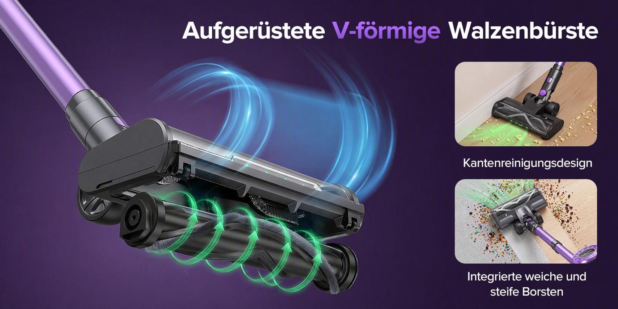 Lubluelu P2 75000 Pa Akku-Staubsauger Saugleistung, Anti-Haar-Verwicklungsbürste, Grüne Beleuchtung, Freistehend, Teppiche & Hartböden