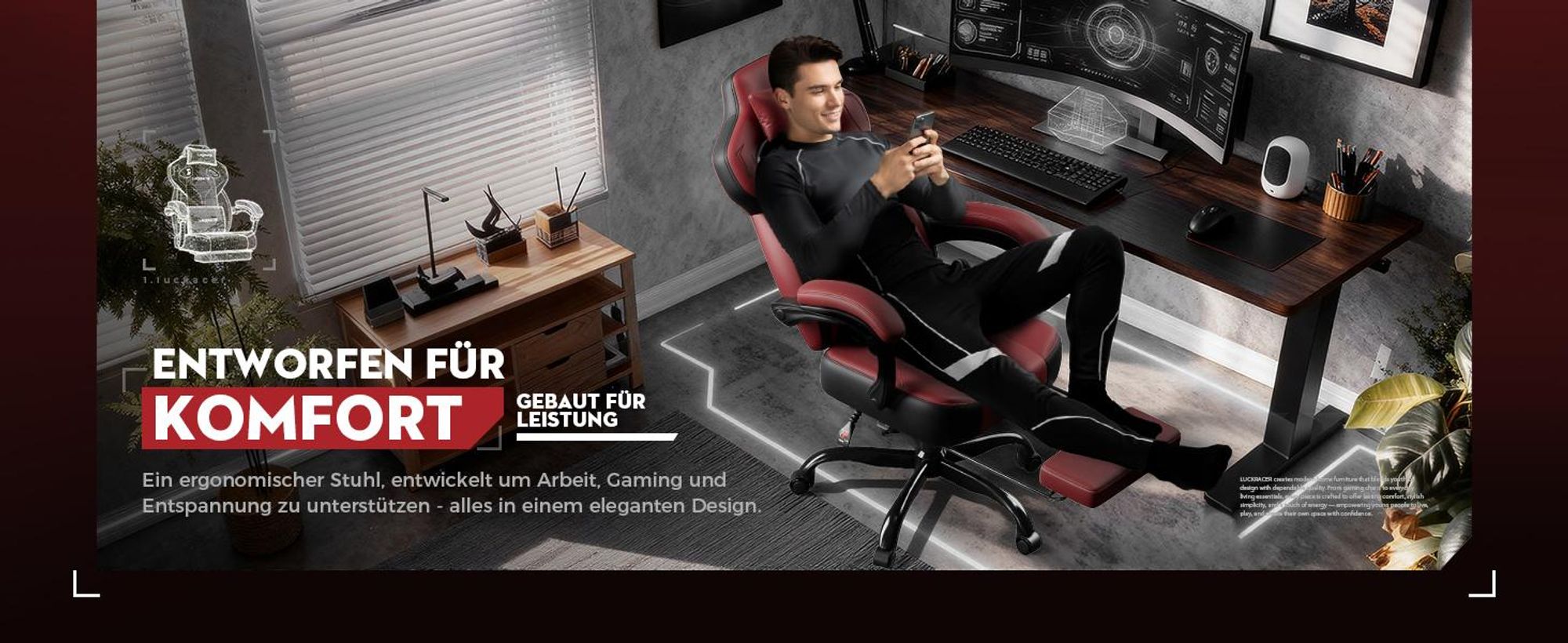 LUCKRACER Gaming Stuhl, Bürostuhl mit verbundenen Armlehnen, Memory-Schaum-Kissen, 90–155° Neigungswinkel und Fußstütze, strapazierfähigem Funktionsge