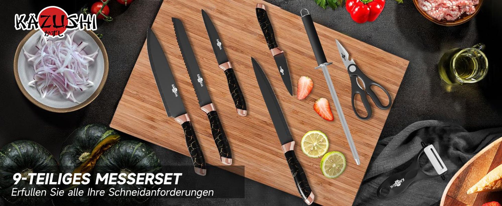KAZUSHI 9-tlg Messerset mit Drehbare Messerblock, Profi Scharfe Messer Set mit Block, Edelstahl Küchenmesser - Schwarz (KA-KN83)