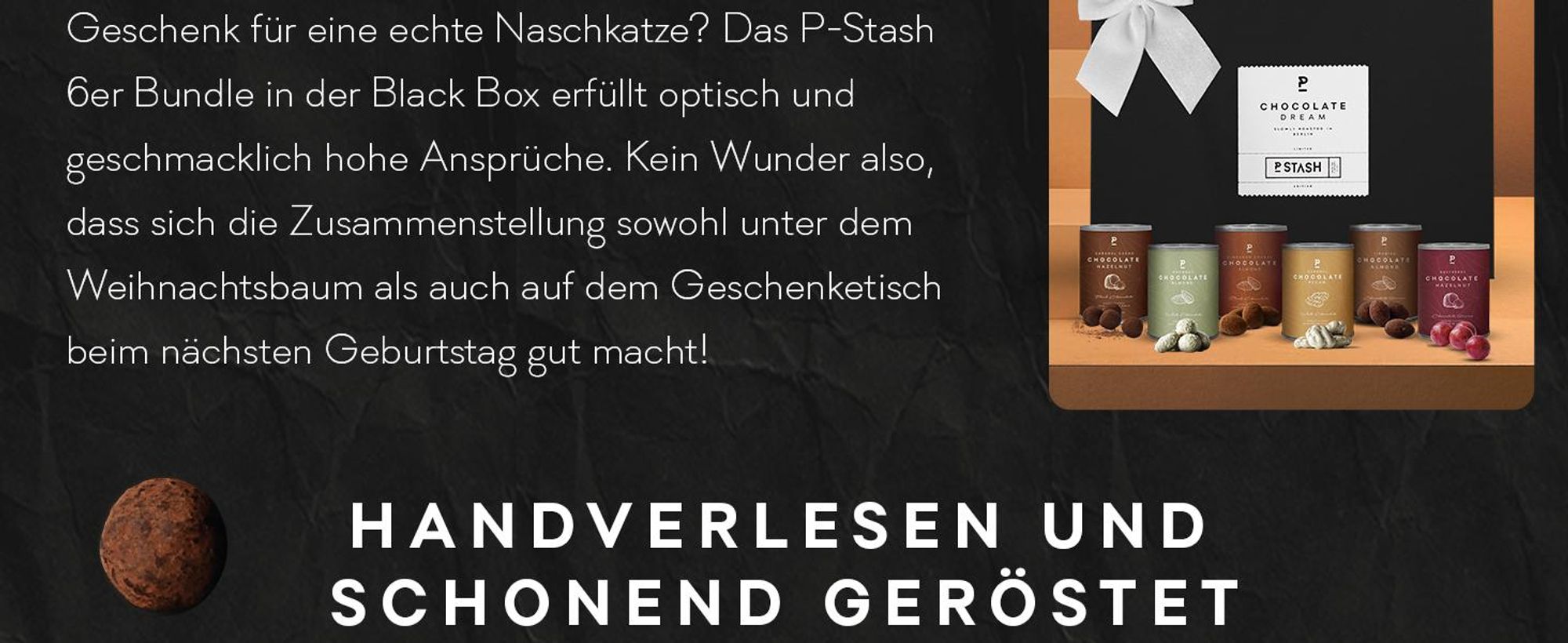 P-Stash Black Box Nussmischung Chocolate Dream - 6er Box Nüsse Mix - Pekannüsse, Haselnüsse & Mandeln - Mixed Nuts in Schokolade