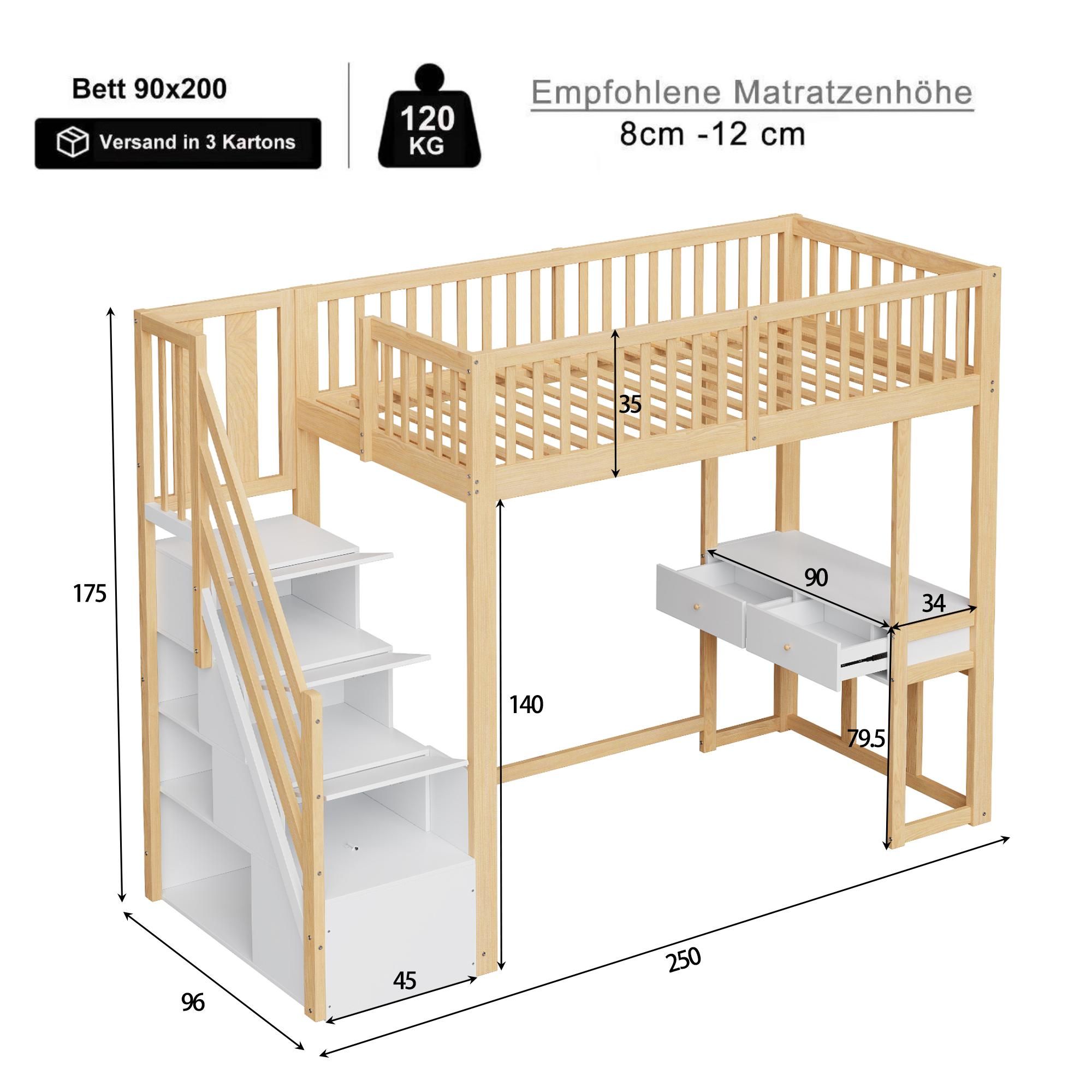 Flieks Etagenbett 90x200cm mit Rausfallschutz, Hochbett mit Schreibtisch, Kinderbett Einzelbett Holzbett mit Schubladen, Stockbett mit Treppe, Holz