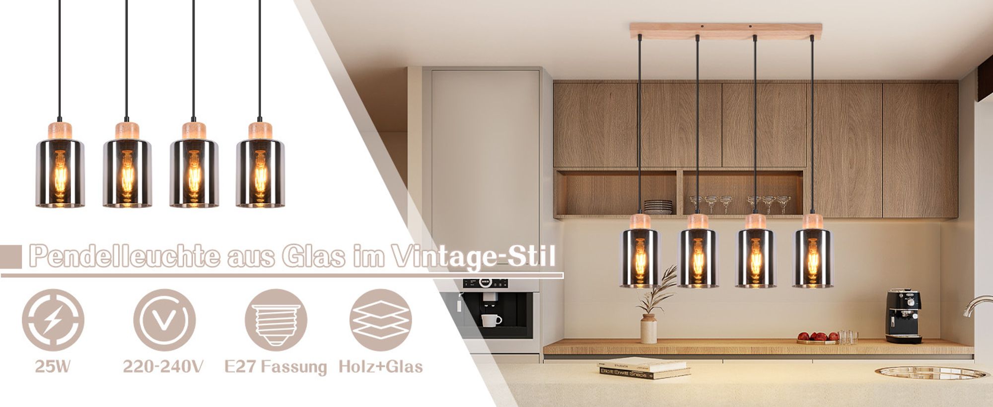 ZMH Pendelleuchte 4 flammig  Holz Hängelampe E27 Vintage hängend retro Hängeleuchte Rauchglas Pendellampe für Esszimmer Küche Ohne Leuhctmittel