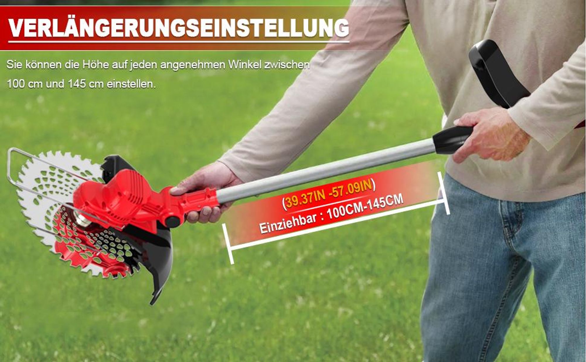 Akku Rasentrimmer mit 2x 4000mAh Akkus, Höhenverstellbar, Leichtgewicht, Freischneider mit Unkrautbürste, Sägeblatt, Kunststoff & Metallklingen