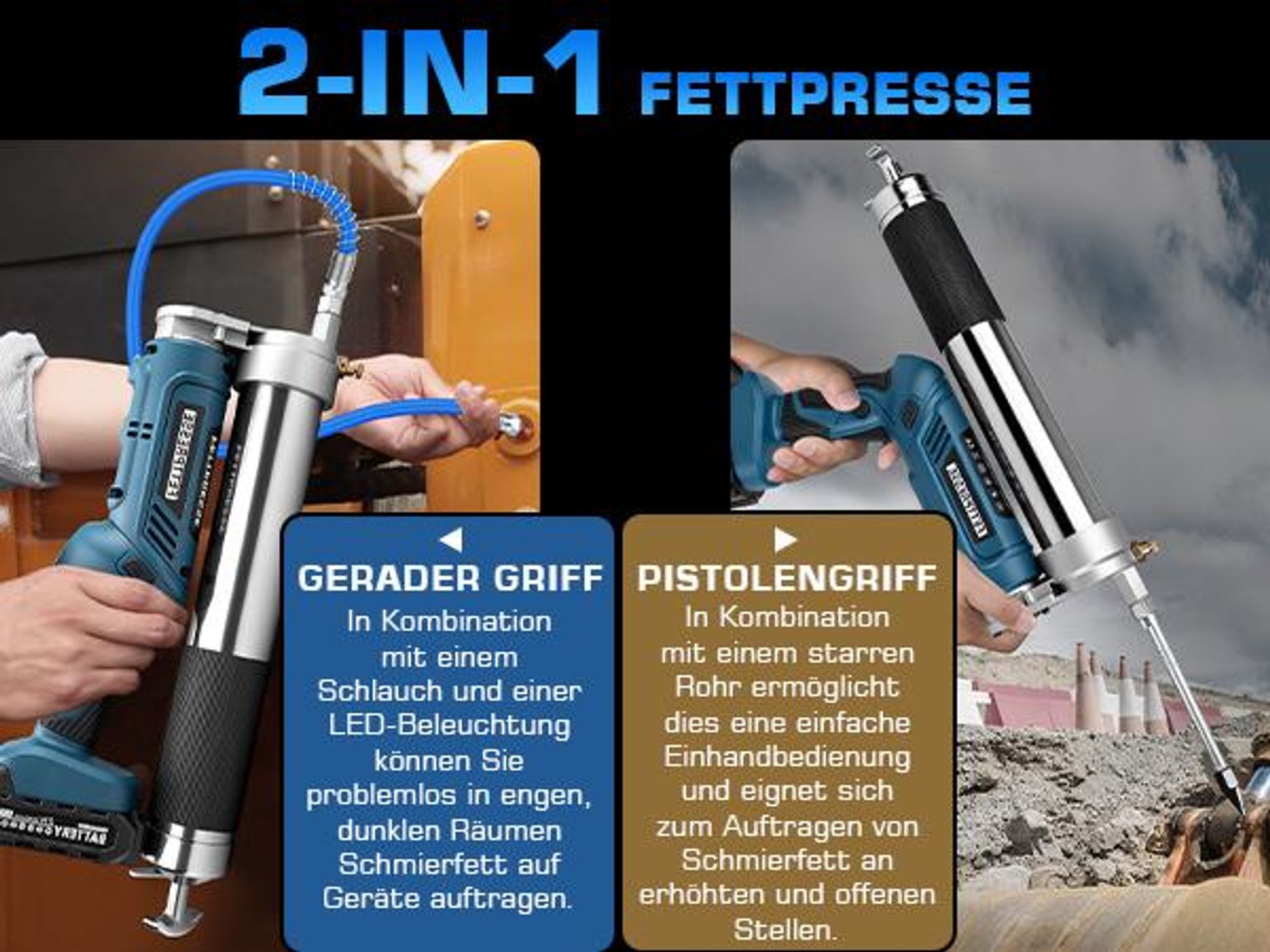 Akku Fettpresse 2-in-1 Elektrische Schmierpistole 12000 PSI mit 2 Akkus, 3 Düsen, Bürstenloser Motor, 100cm Flexschlauch, LED-Licht, 600g Kapazität