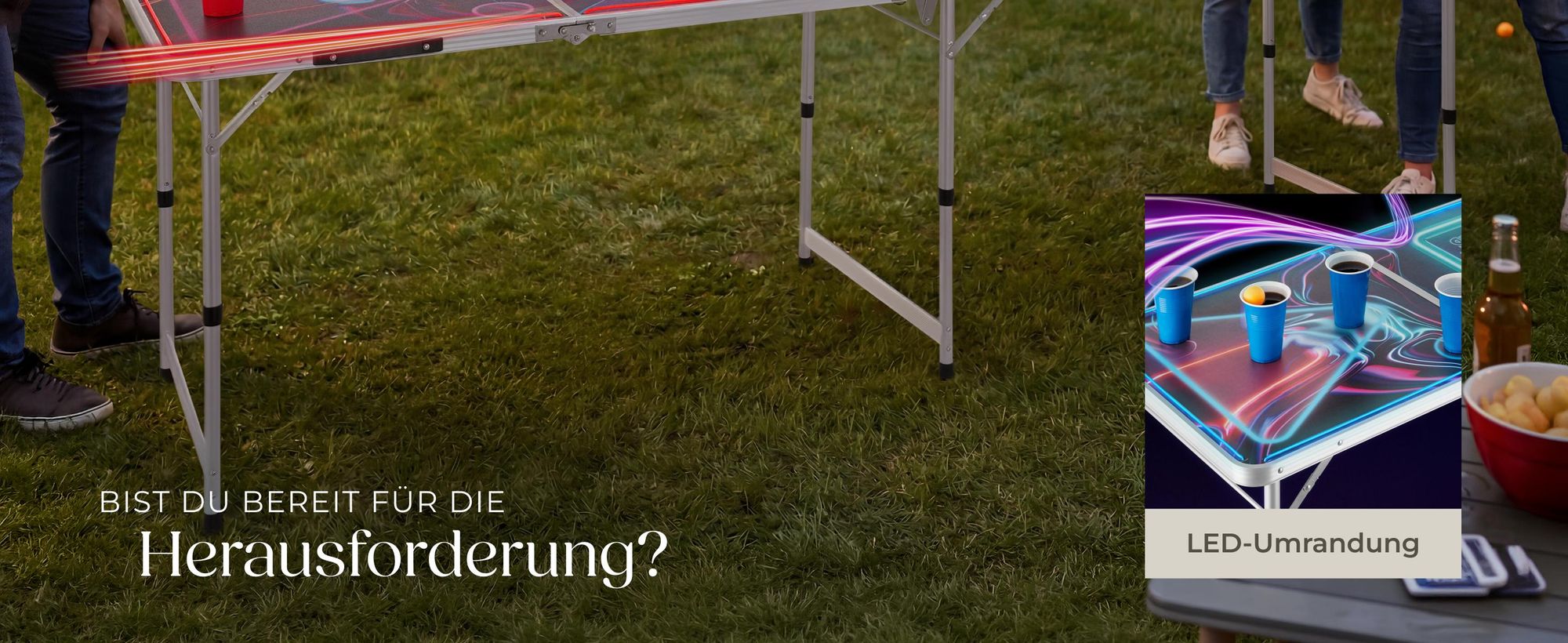 tectake® Aluminium Bierpongtisch BeerWars I mit LED-Beleuchtung inklusive 100 Bechern, 6 Bällen und Kartentrinkspiel