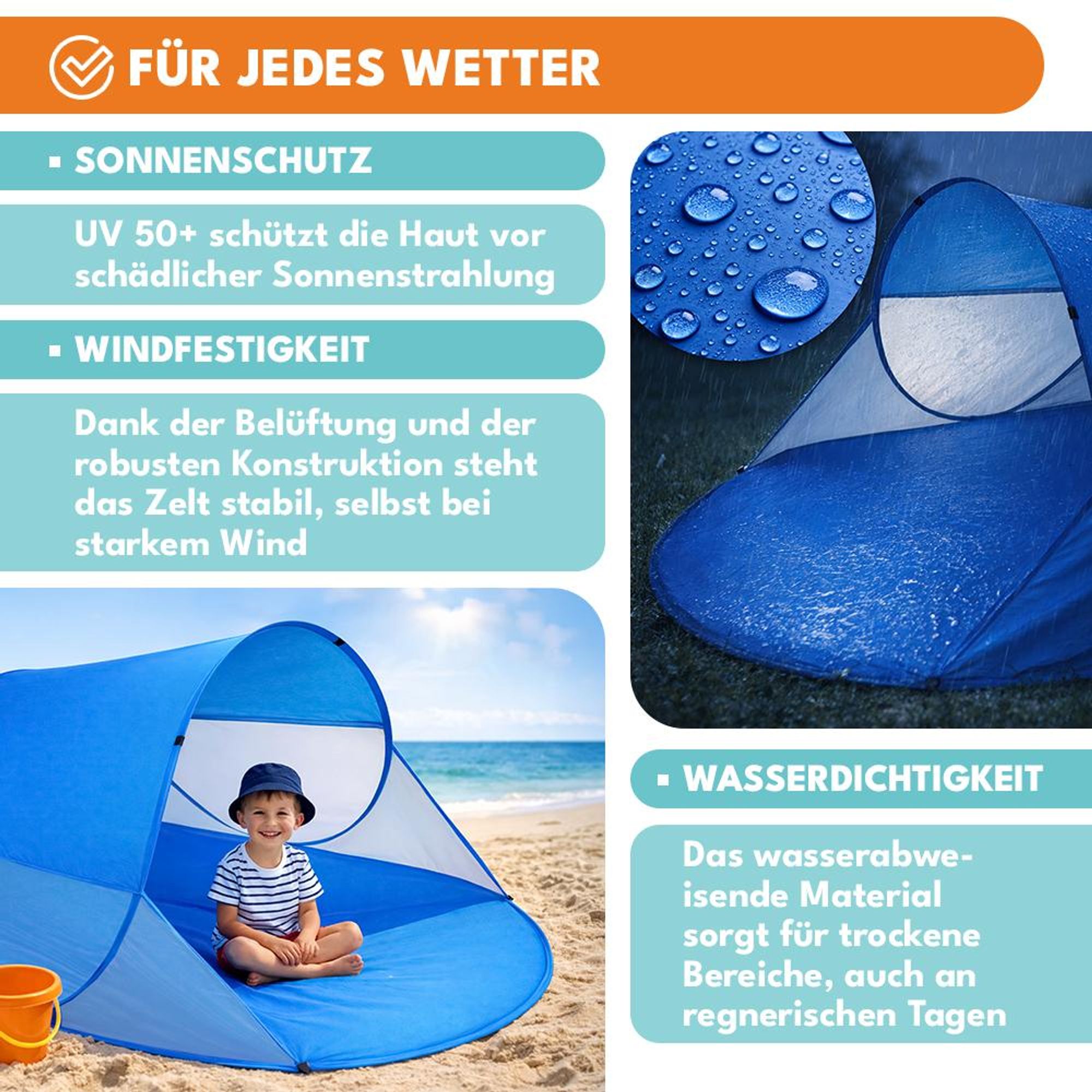 KRUMAD Strandmuschel Pop Up  200 x 120 x 85 cm, Großes Strandzelt für Baby und Erwachsene, Selbstaufbauendes Wurfzelt mit UV 50+ Sonnenschutz