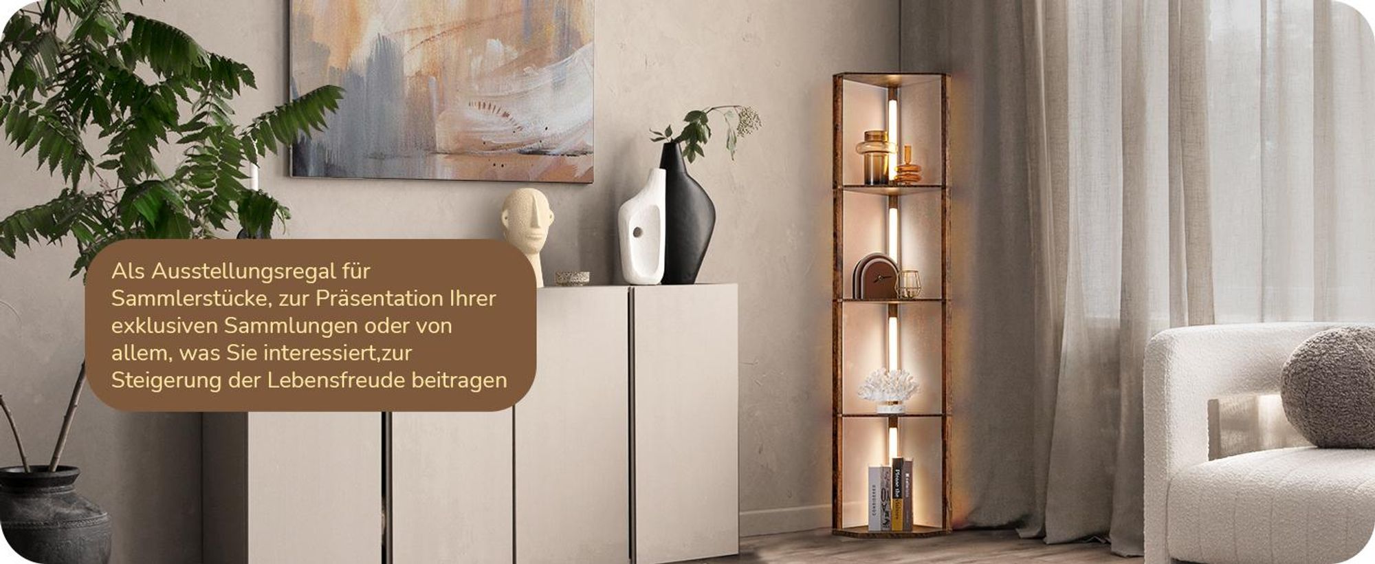 EDISHINE Stehlampe mit 4 Holz-Regal, LED Dimmbar Standleuchte Wohnzimmer, mit 360° Drehbarer Lichtmast, Eckregal Regalbeleuchtung
