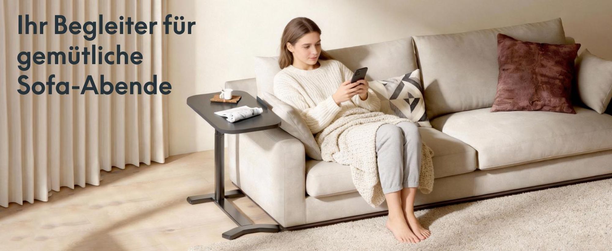 FLEXISPOT Beistelltisch Höhenverstellbar in C-Form, klappbarer Laptoptisch mit Rollen, 65–105 cm, Nachttisch, für Bett und Sofa, Braun
