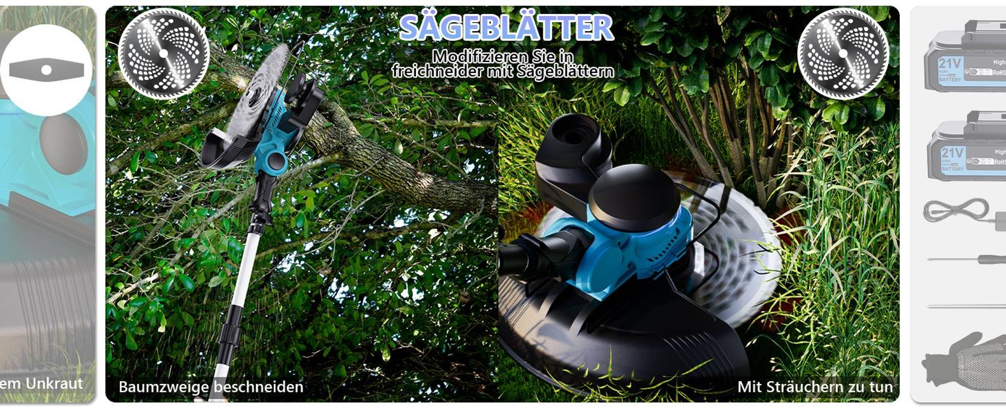Akku Rasentrimmer 1000W Bürstenloser Motor 4-in-1-Rasentrimmer, mit 21V 2x 4,0Ah Akku Freischneider Gartengeräte, Teleskopstiel, 26 cm Schnittkreis