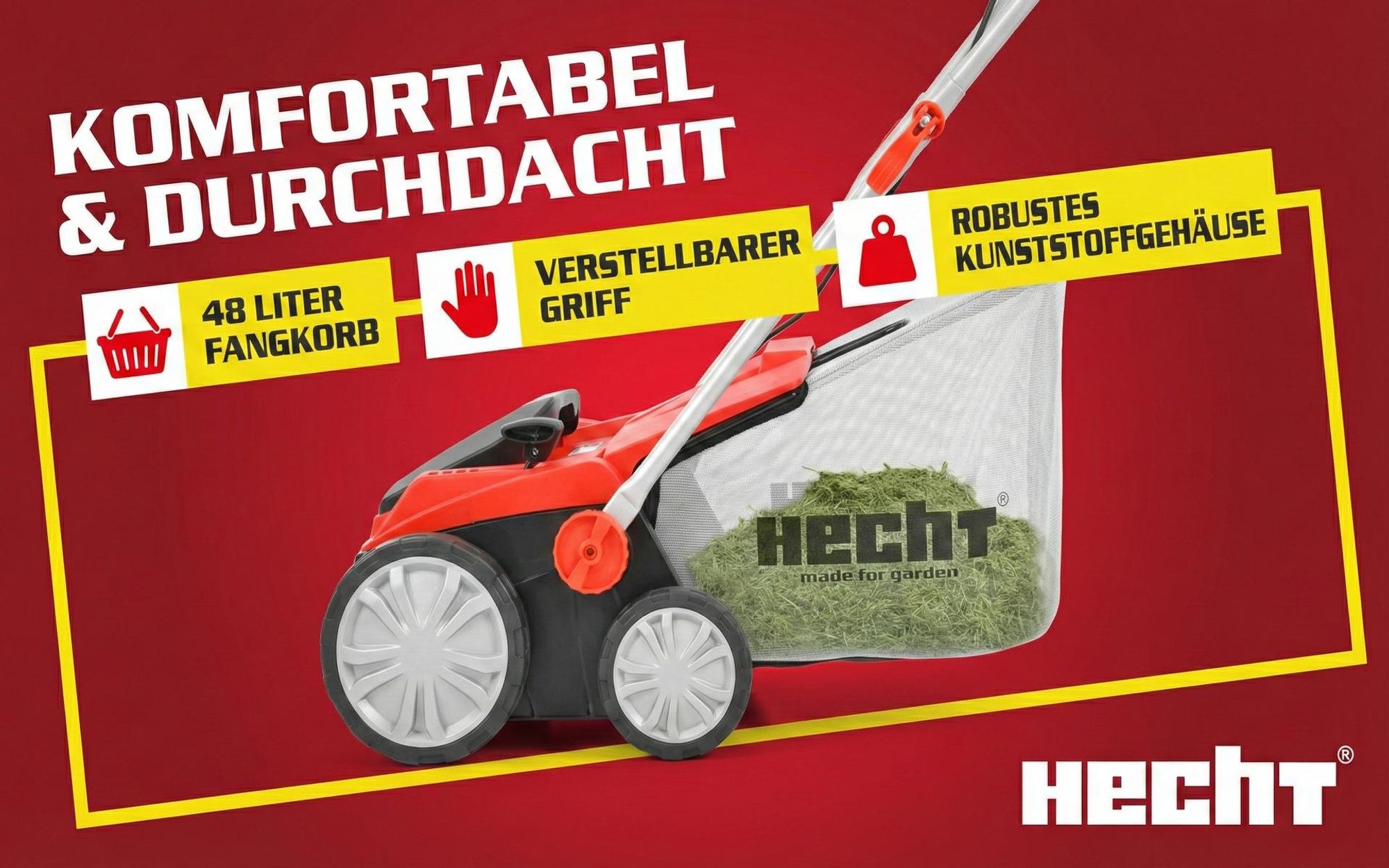 HECHT 1683 Vertikutierer Elektro | 2in1 Rasenlüfter | 36 cm Arbeitsbreite | 1600W | 48L Fangkorb | 3500 U/min | 16 Messer | 24 Krallen