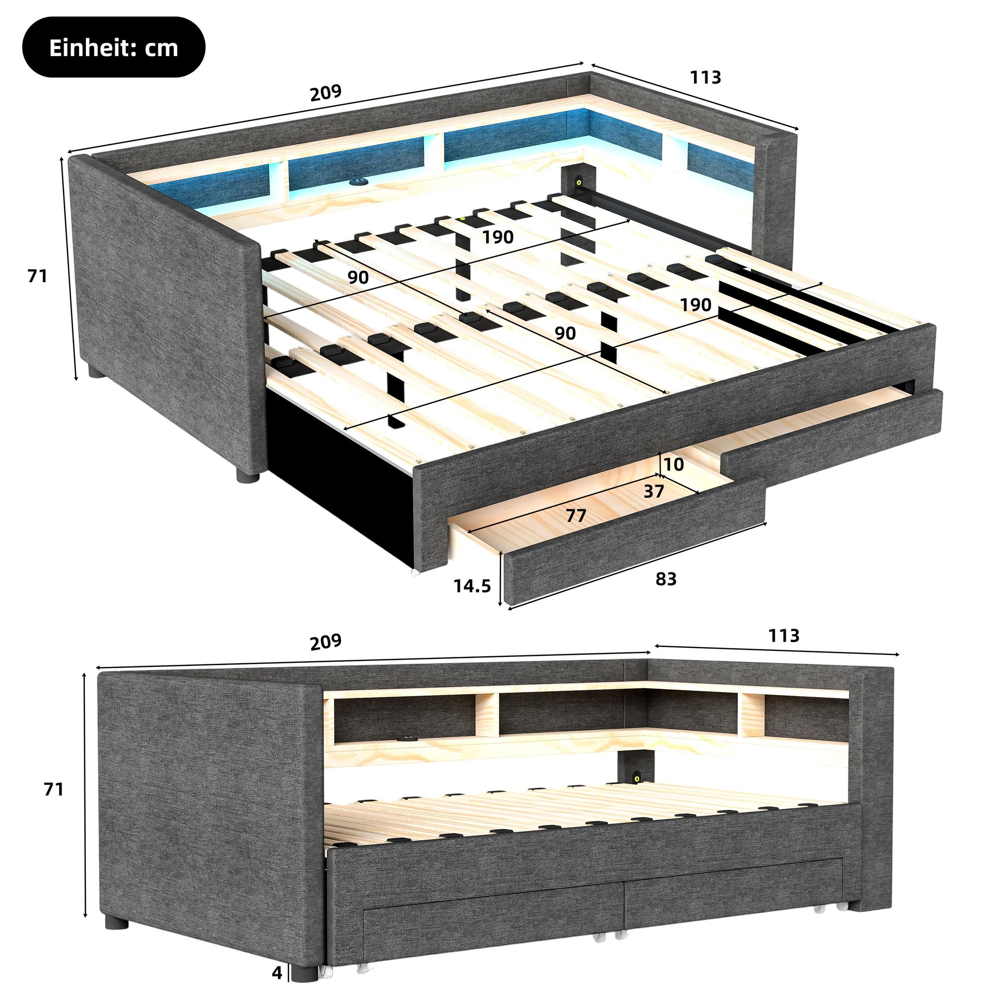 OYAJIA Polsterbett Daybett Tagesbett Ausziehbett mit LED-Beleuchtung (Quadratischer Rückenlehne, 2 Schubladen für Stauraum, mit Stauraum, 90x190 cm