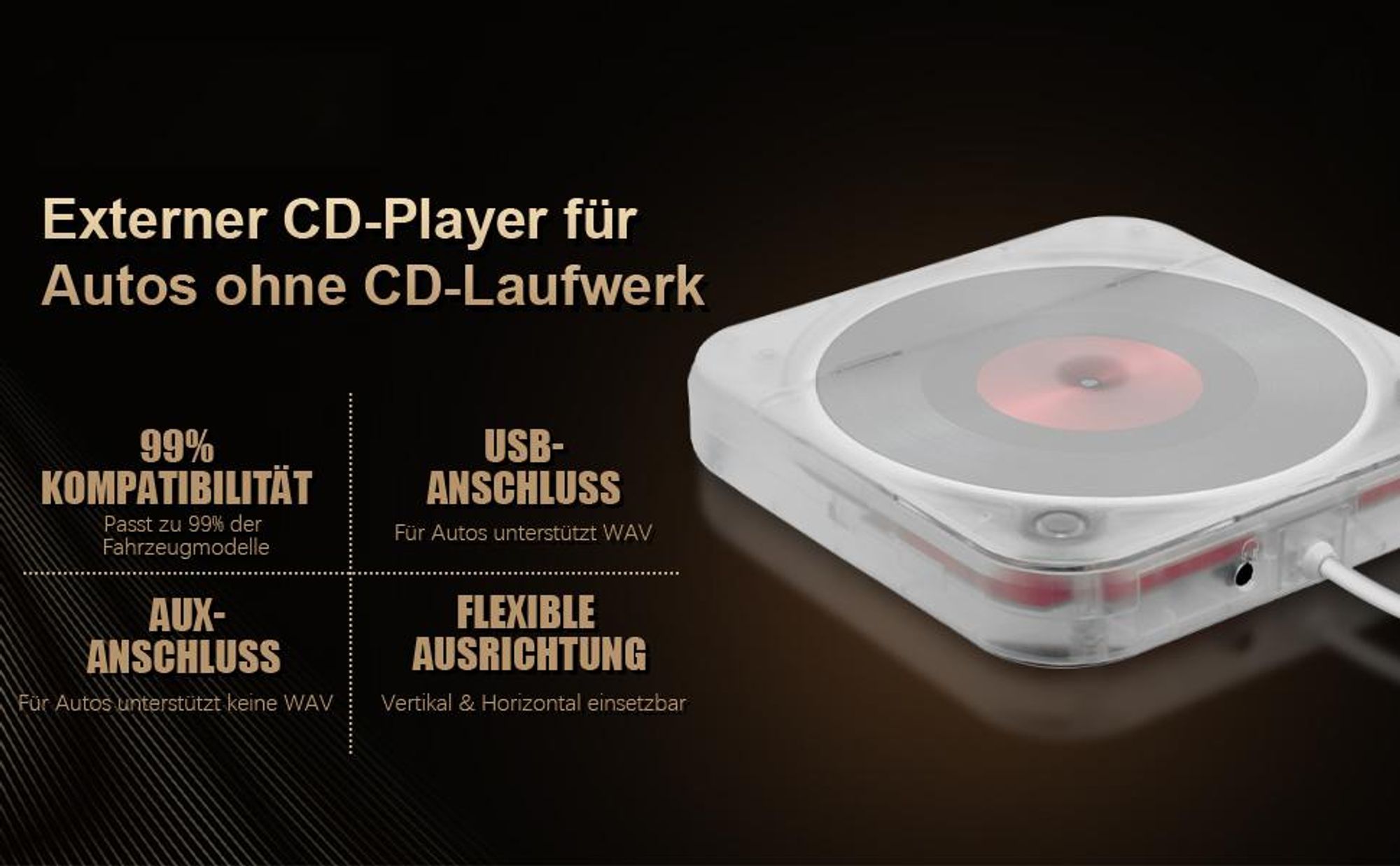 CD Player, Tragbarer Bluetooth CD-Player, Extern Universal CD Player für Auto PKW LKW, Extra USB-Verlängerungskabel, für Laptop, PC, Fernseher