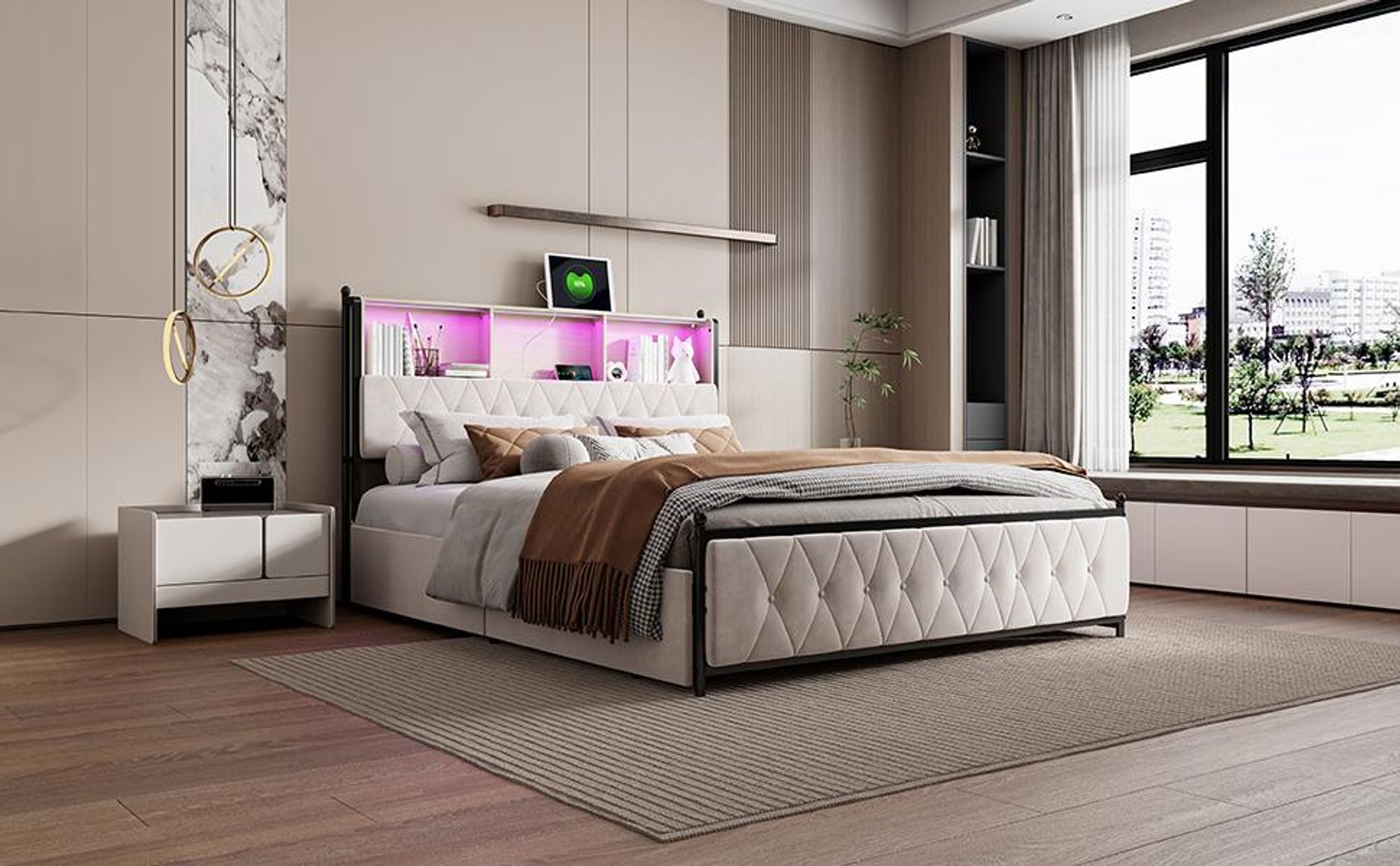 Fortuna Lai Polsterbett mit USB-Typ-C und Lattenrost, Doppelbett 140x200cm Stauraumbett mit 4 Schubladen, Massivholzbett Funktionsbett mit Led, Jugendbett Ehebett Samt, Beige