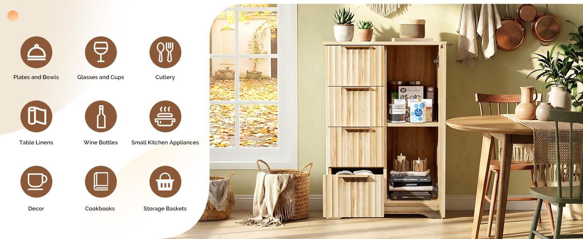 FCH Küchenschrank, Buffet Kommode mit 1 Türen und 4 Schubladen, für Wohnzimmer, Esszimmer und Küche, 53.4 x 29 x 82 cm, Eiche