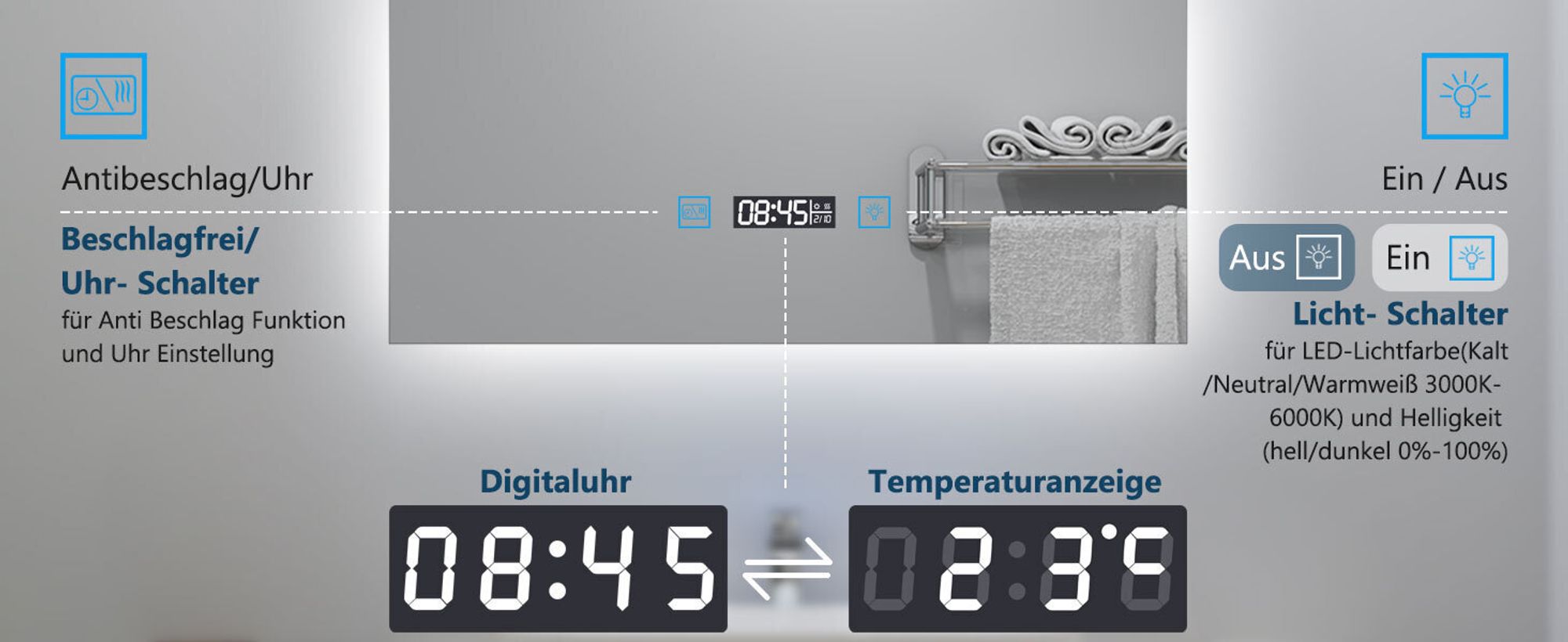 AICA LED Badspiegel 80x60cm mit Beschlagfrei Uhr Badezimmerspiegel 3 Lichtfarbe 3x Vergrößernder Kosmetikspiegel Dimmbar Memory-Funktion IP44