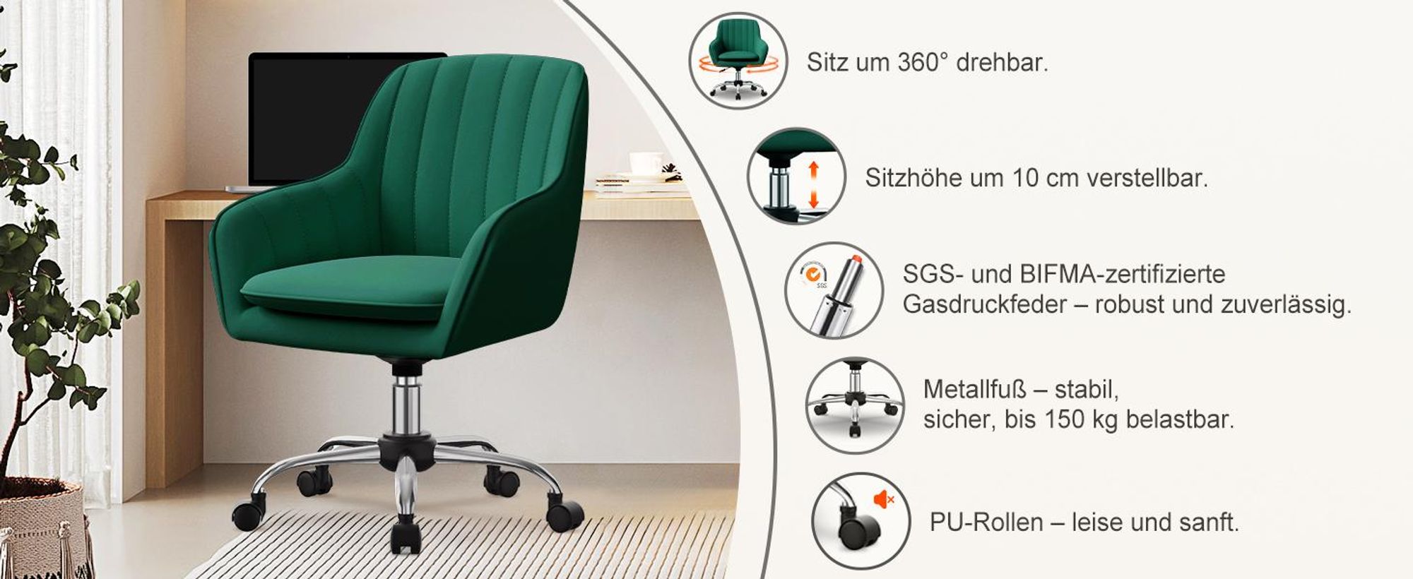 Portreen Bürostuhl, Drehstuhl,Homeoffice Stuhl,Schreibtischstuhl, bürostuhl ergonomisch, Chefsessel 150kg,Drehstuhl mit Rollen,Stuhl für Schminktisch