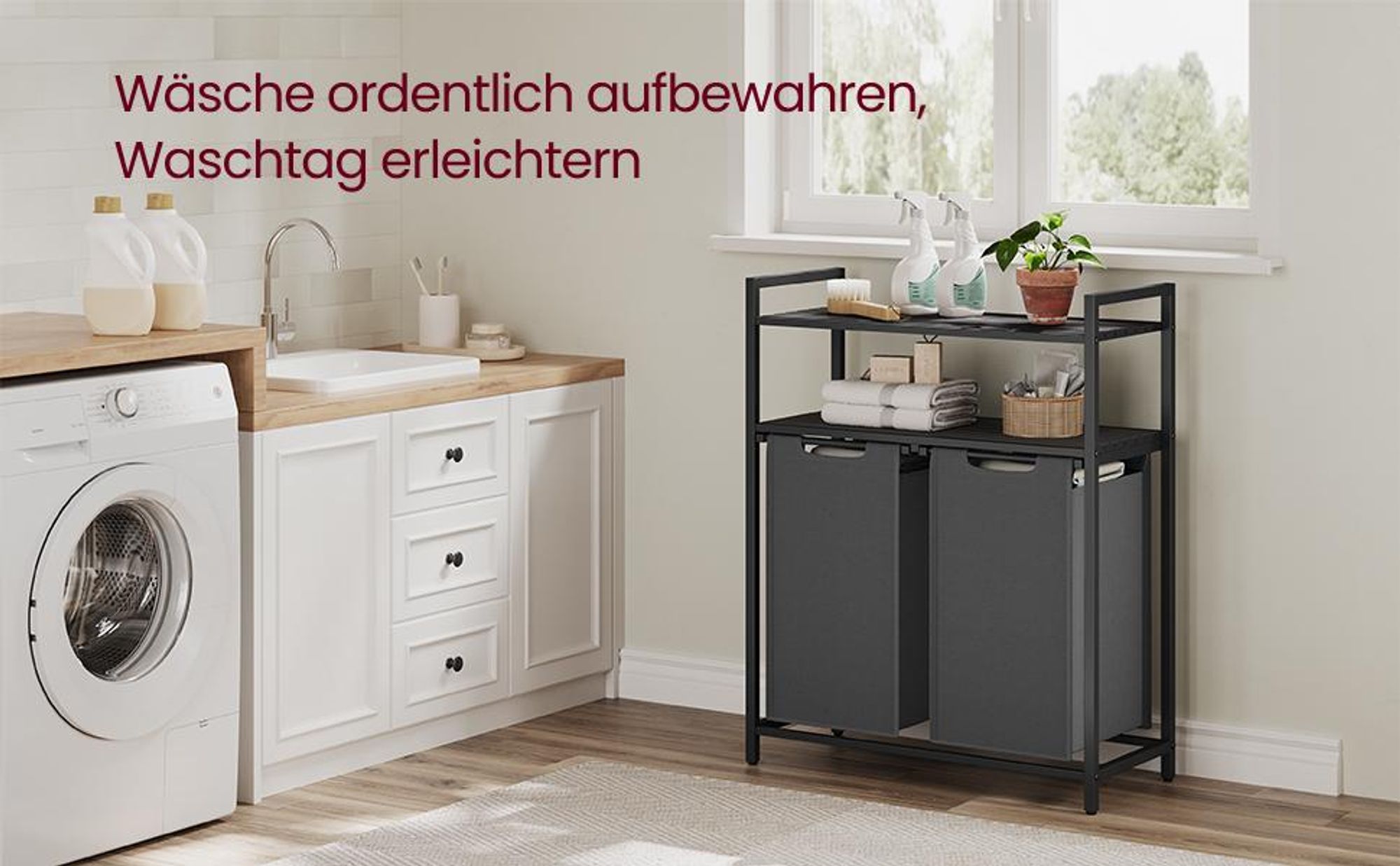 VASAGLE Wäschekorb, 2 Fächer, 2 Ablagen, einfach abnehmbar, 2 x 46 Liter