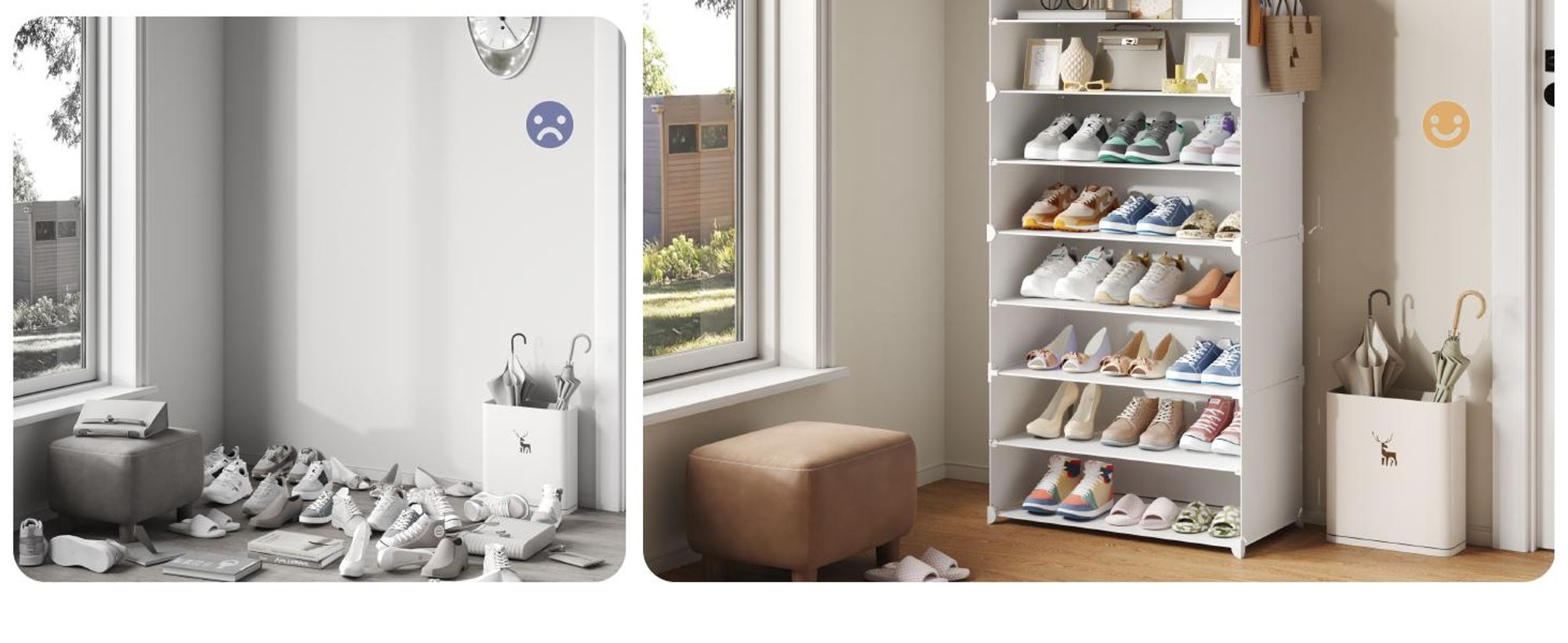 Mondeer Aufbewahrungsschrank aus PP, 8 Fächer Schuhschrank mit Haken für 24 Paar Schuhe, höhenverstellbar, für Flur & Wohnzimmer Weiß