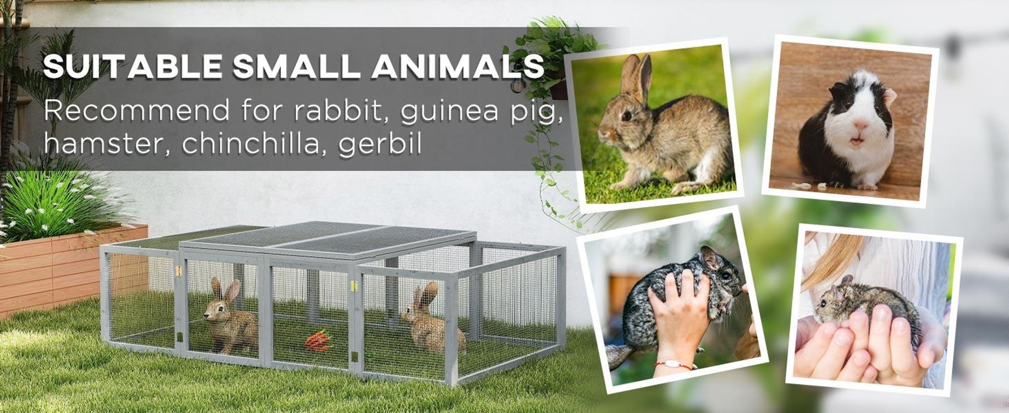 PawHut mała klatka dla zwierząt, wybieg dla małych zwierząt, wybieg zewnętrzny, klatka dla małych zwierząt z drzwiami, klatka dla świnki morskiej, wybieg zewnętrzny, domek dla małych zwierząt z drewna jodłowego, kolor szary 181 x 100 x 48 cm