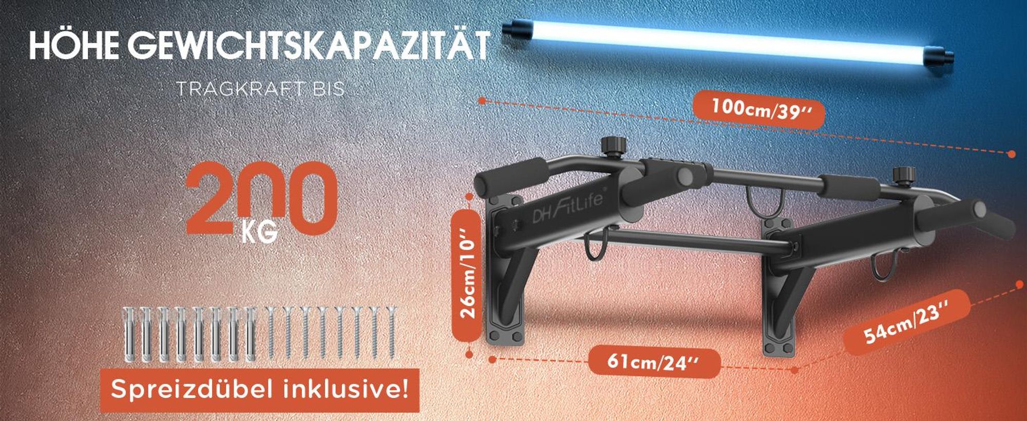 DH FitLife 4in1 Klimmzugstange zur Wandmontage, bis 200 kg für Zuhause | 6 rutschfeste Griffe | 3 Ösen für Boxsack & Schlingentrainer, Stabil & Sicher