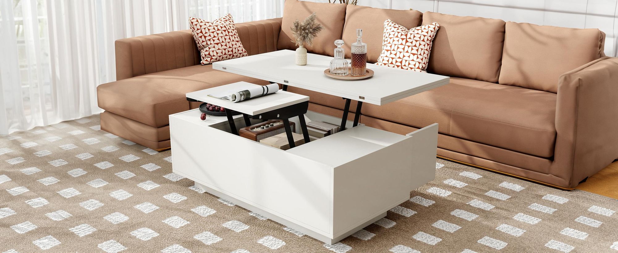 MODFU Couchtisch Wohnzimmertisch mit Doppel-Hebemechanismus,Sofatisch Kaffeetisch mit verstecktem Stauraum,Freizeittisch,Sideboard,Weiß