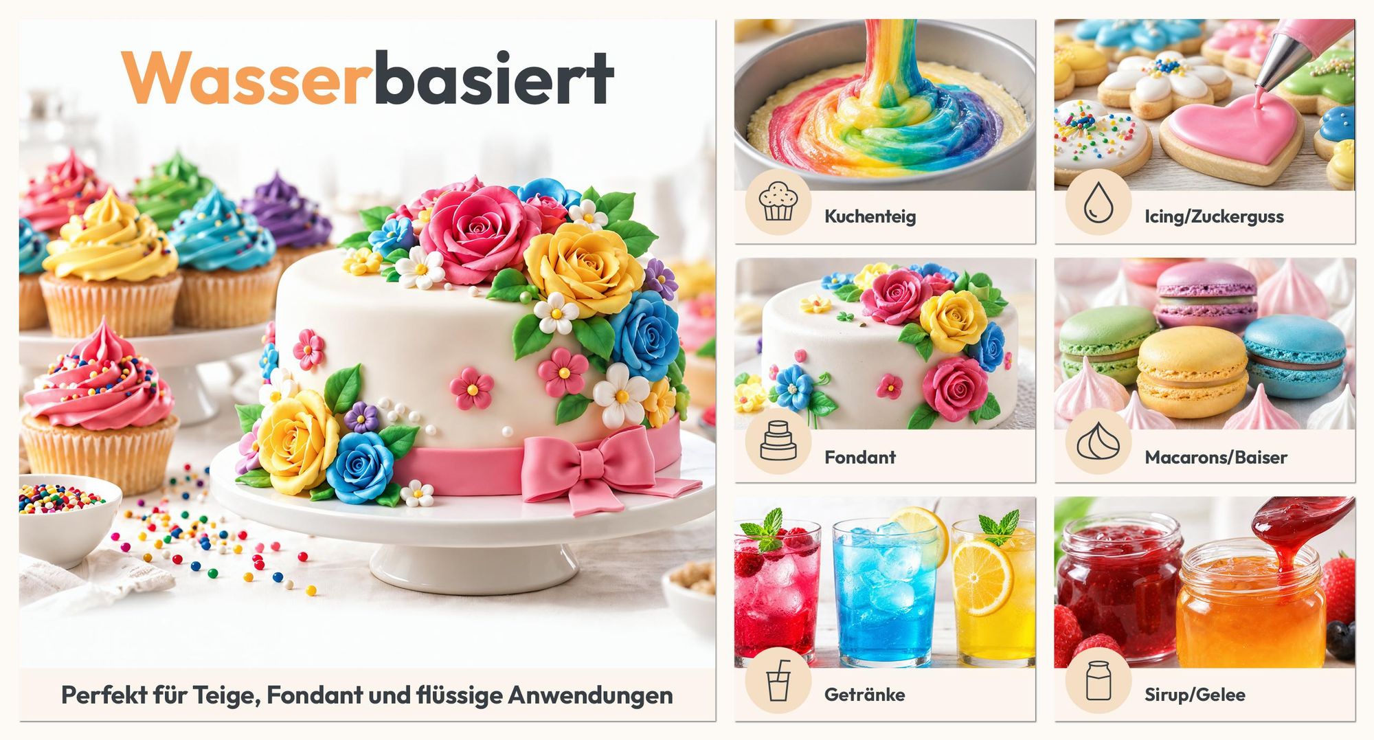 Intensive Lebensmittelfarbe auf Wasserbasis für Teig, Fondant, Zuckerguss, Macarons, Getränke