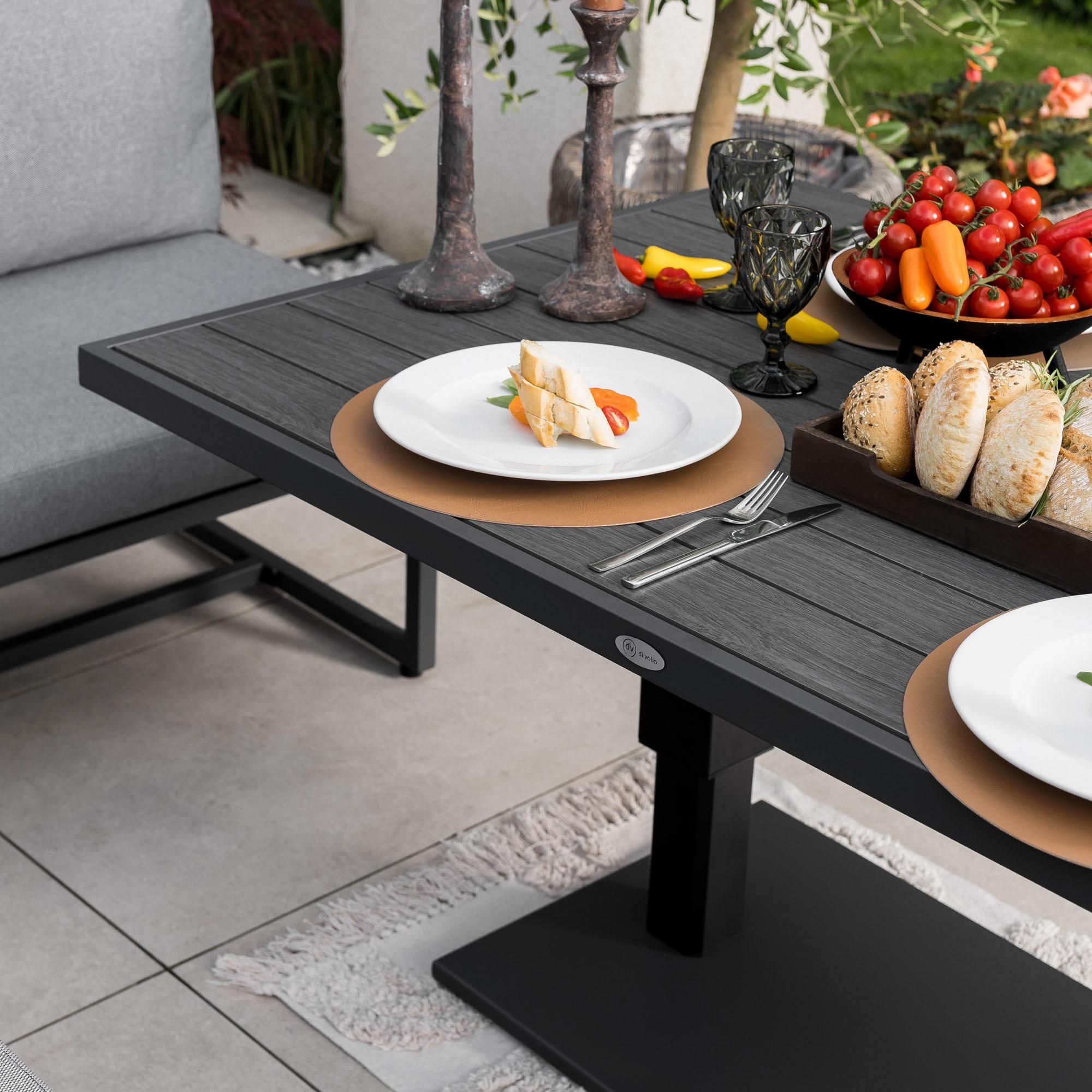 di volio Gartenmöbel Set MERUZO, Sitzgruppe Outdoor mit höhenverstellbarem Tisch, Gartengarnitur 6-teilig mit Sofa, Ecksofa und Bank, wetterfest, Grau