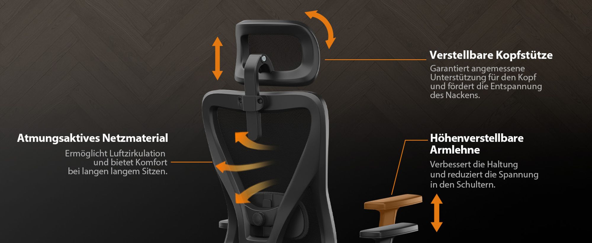 SENSE7 Tone Ergonomischer Bürostuhl Schreibtischstuhl Office Chair Drehstuhl Höhenverstellbar mit Kopfstütze & Armlehnen bis 130 kg Mesh Schwarz