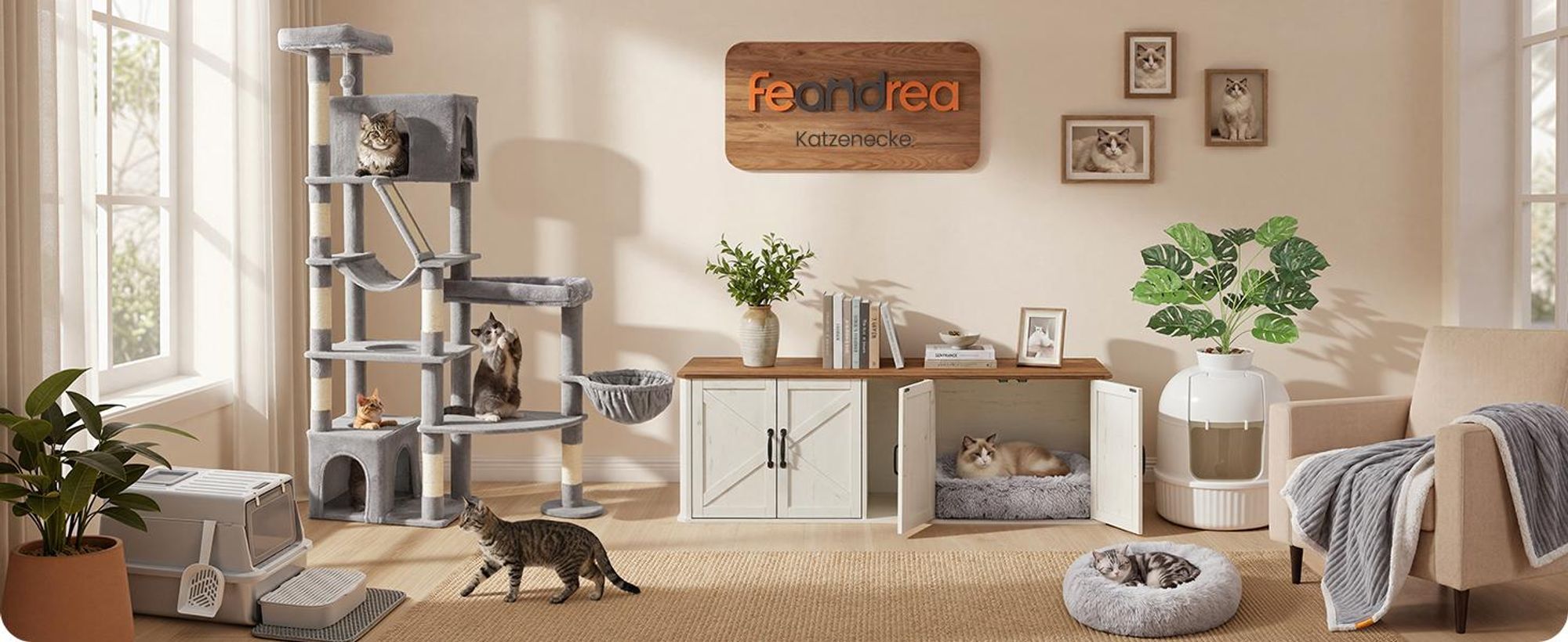 FEANDREA Kratzbaum für Große Katzen, Stabil mit 6 Ruhebereichen und Sisalstämmen, 105 x 45 x 188 cm, Grau