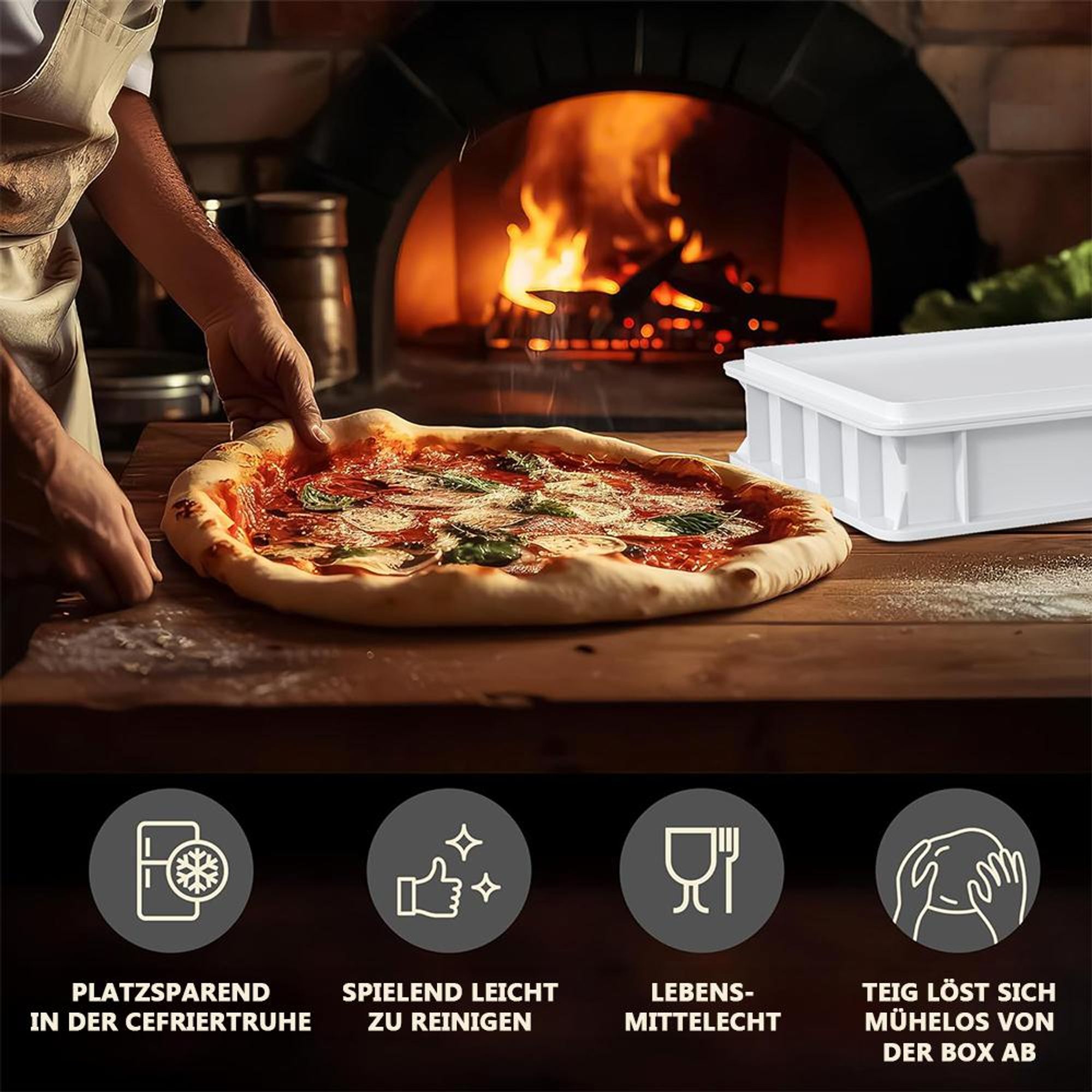 Pizzaballenbox mit Deckel – stabile Pizzateigbox 30x40x7,5 cm Gärbox für Pizzateig & Brotteig, stapelbar & lebensmittelecht – ideal für Kühlschrank
