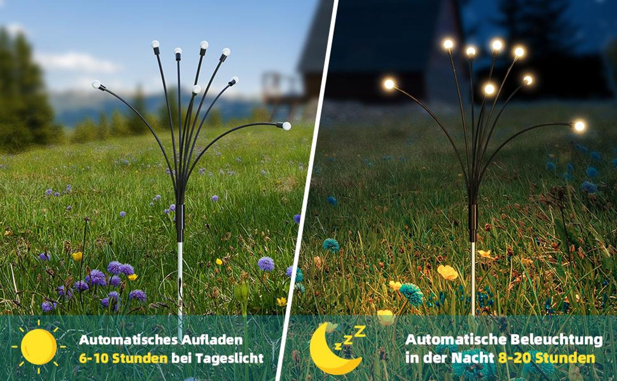 Solarlampen, Solarleuchten, 4 Stück Solar Glühwürmchen Licht, Rasenlampe, mit 8 Beleuchtungsmodi, Wasserdicht, für Garten Terrasse Weg Hof Landschaft