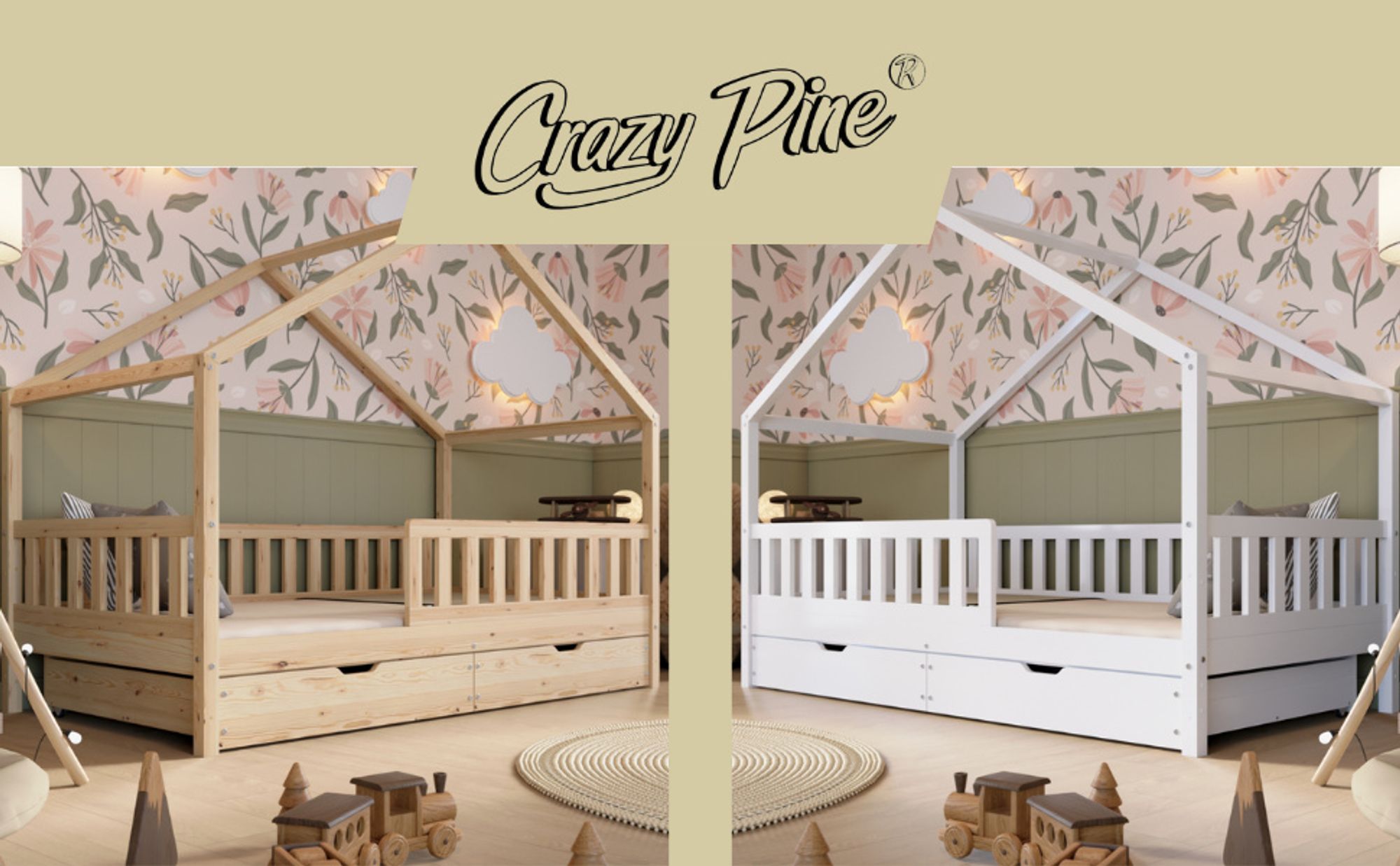 Crazy Pine Hausbett mit Schubladen 140x200 cm – Kinderbett aus Naturholz in Weiß – Bodenbett mit Stauraum und Abnehmbarer Barriere - Crazy House